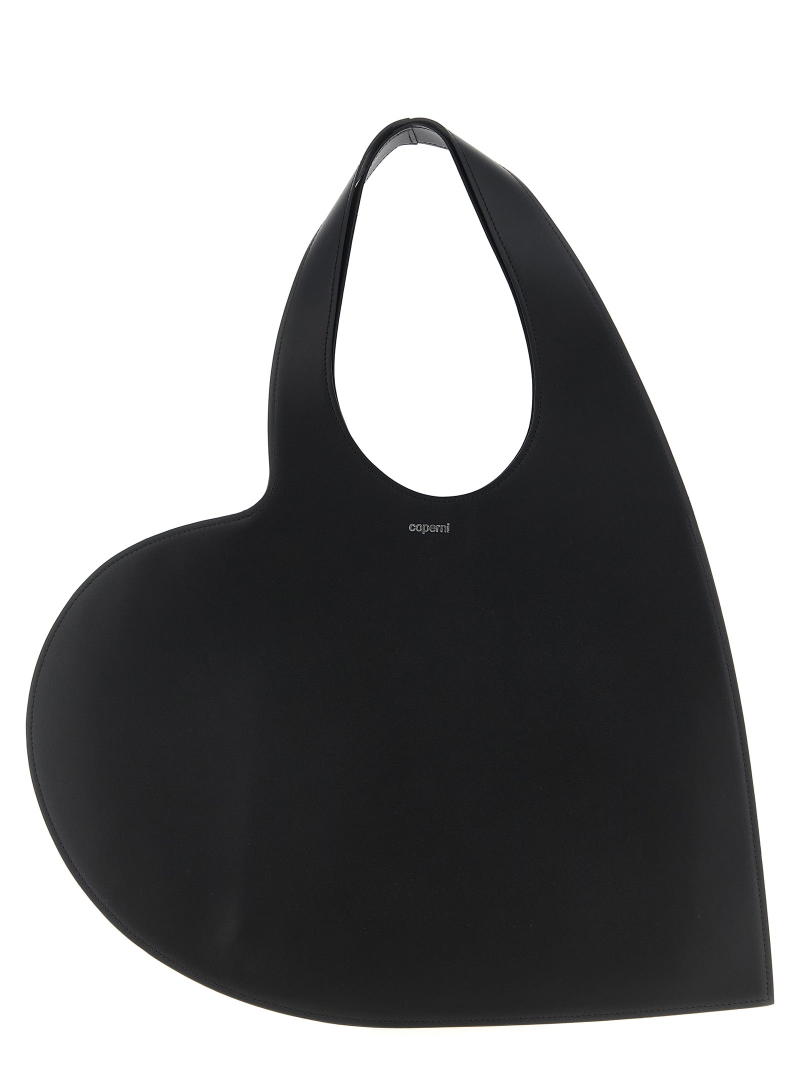 Coperni Heart Tote in soft black calf leather showing its unique sculptural heart silhouette and silver logo from The Exclusive Line Singapore.