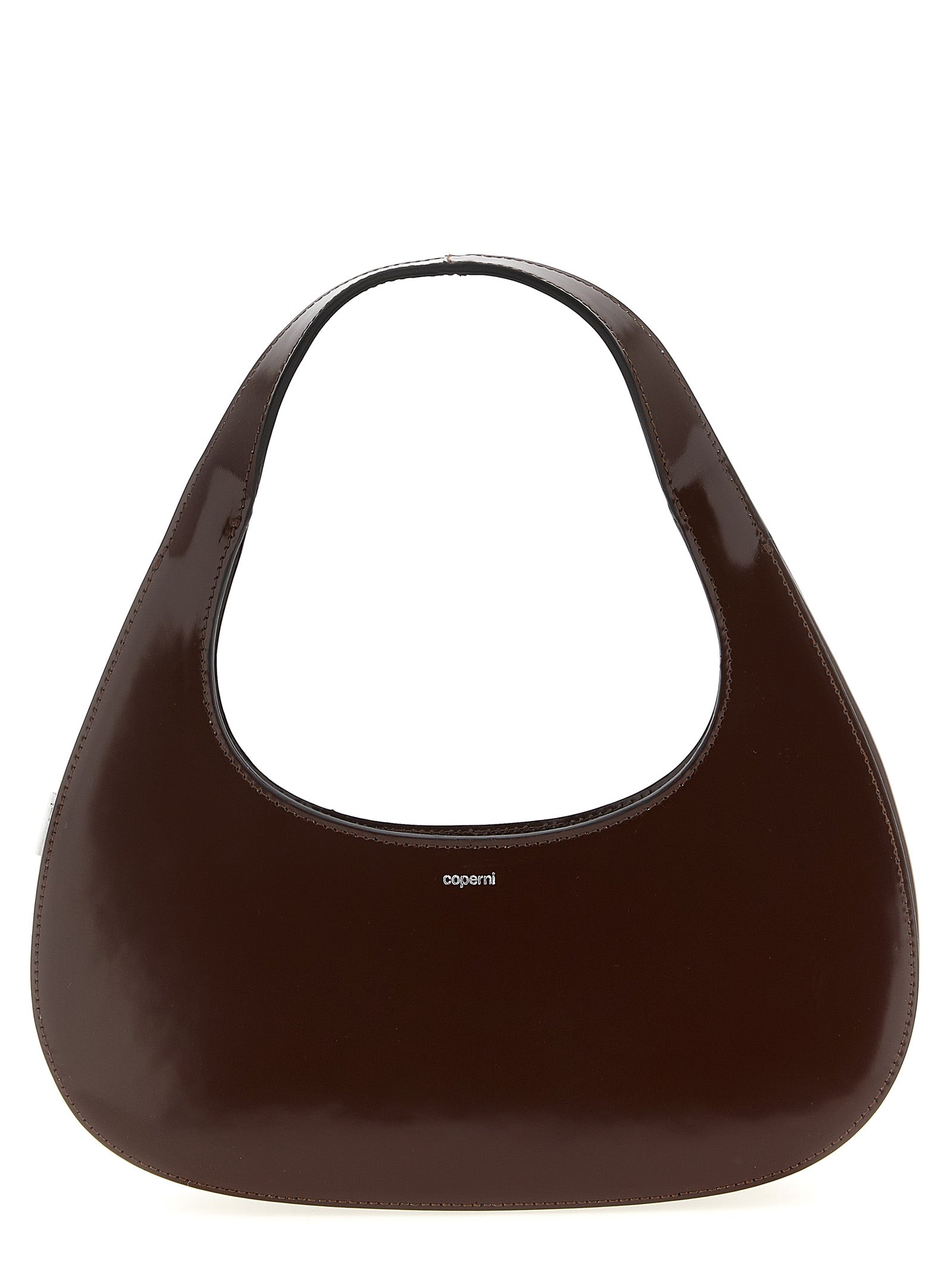 Coperni Loop Swipe Bag in smooth brown matte leather showing its unique sculptural loop handle and silver logo from The Exclusive Line Singapore.