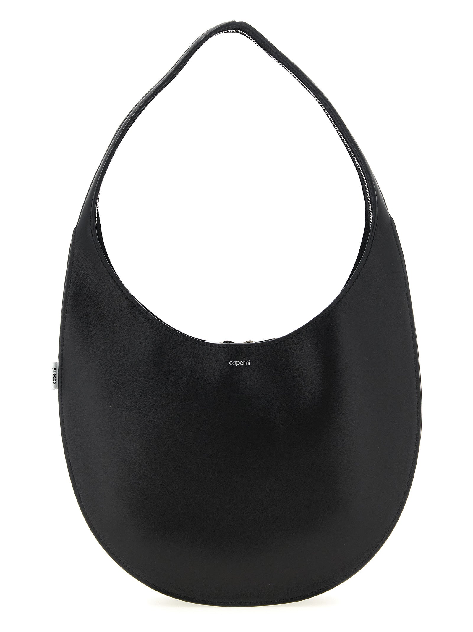 Coperni Medium Soft Swipe Bag in smooth black soft leather featuring its continuous oval silhouette and silver logo from The Exclusive Line Singapore.