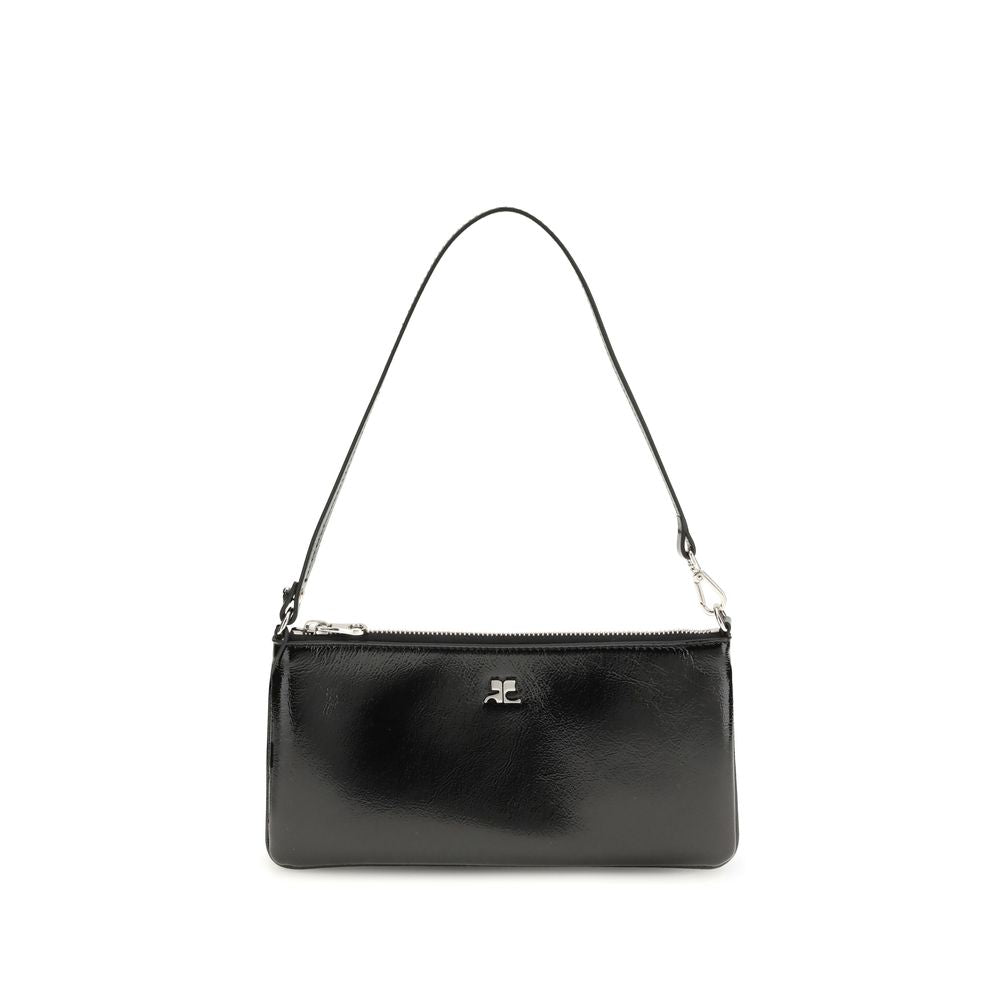 Courrèges Zipped Naplack Pouch in black glossy calf leather with metallic AC logo and removable wrist strap.