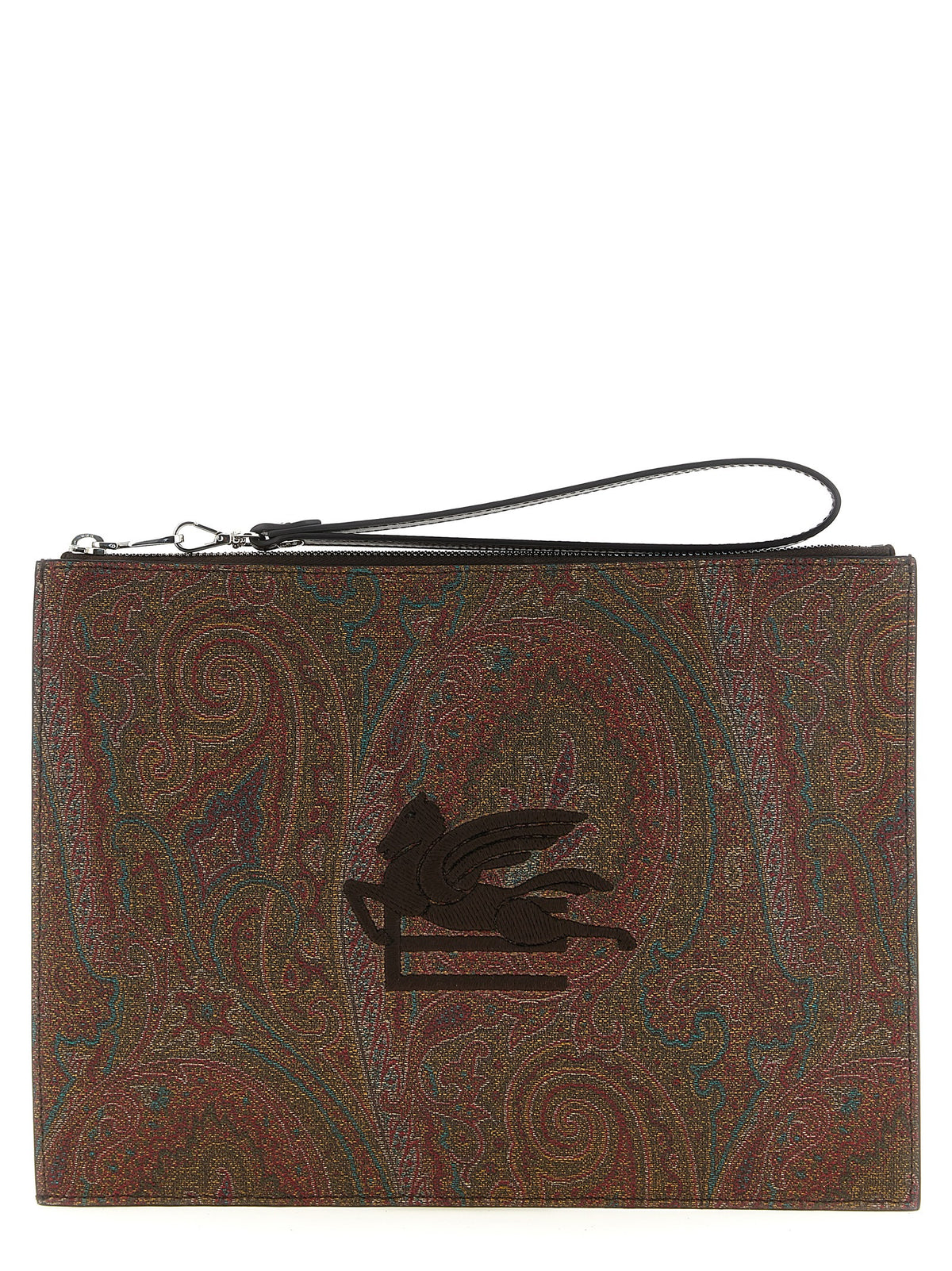 Etro Arnica Large Pouch in brown Paisley jacquard fabric with 3D embroidered Pegaso logo and calfskin wristlet strap.