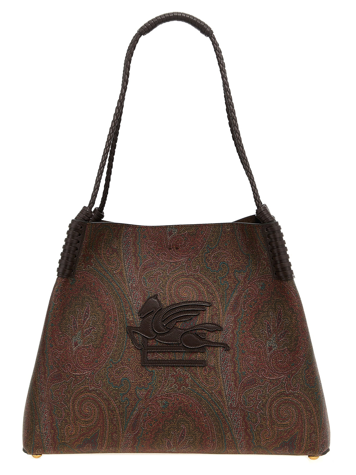 Etro Arnica Libra Large Tote Bag in brown Paisley jacquard with braided leather handles and embroidered Pegaso logo patch.