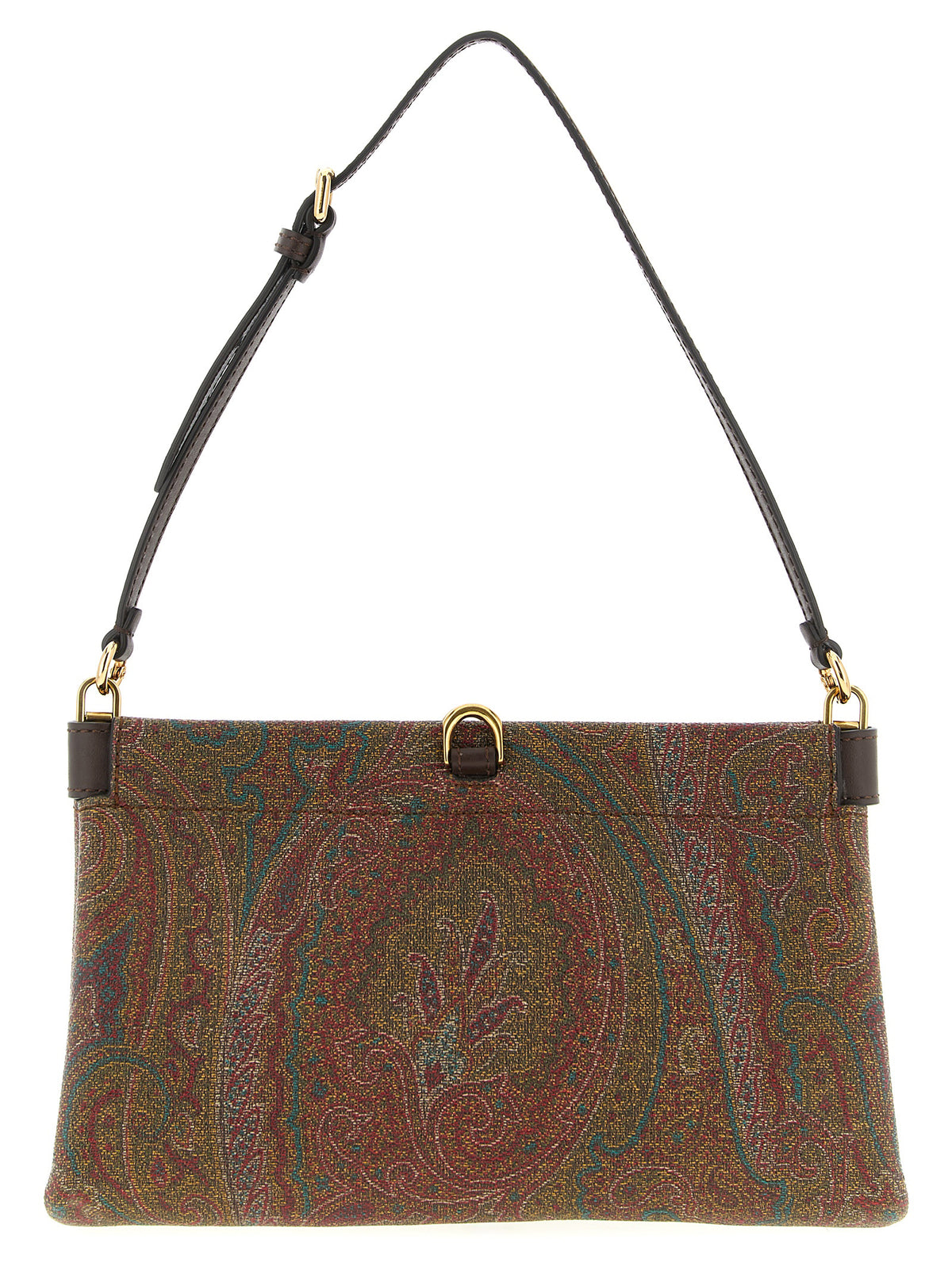 Etro Arnica Mini Clutch Talk in brown Paisley jacquard fabric with gold ring closure and adjustable leather shoulder strap.