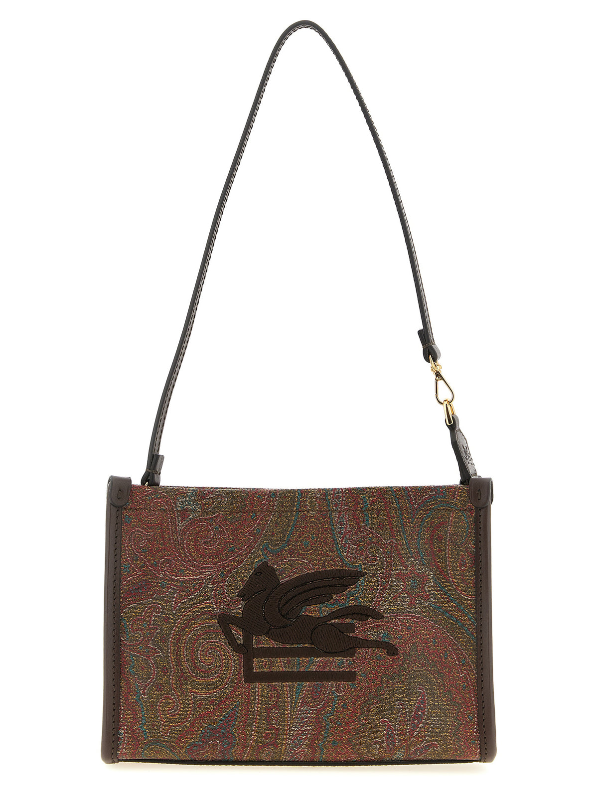 Etro Arnica Pouch in brown Paisley jacquard fabric with embroidered Pegaso motif and removable leather wristlet strap.