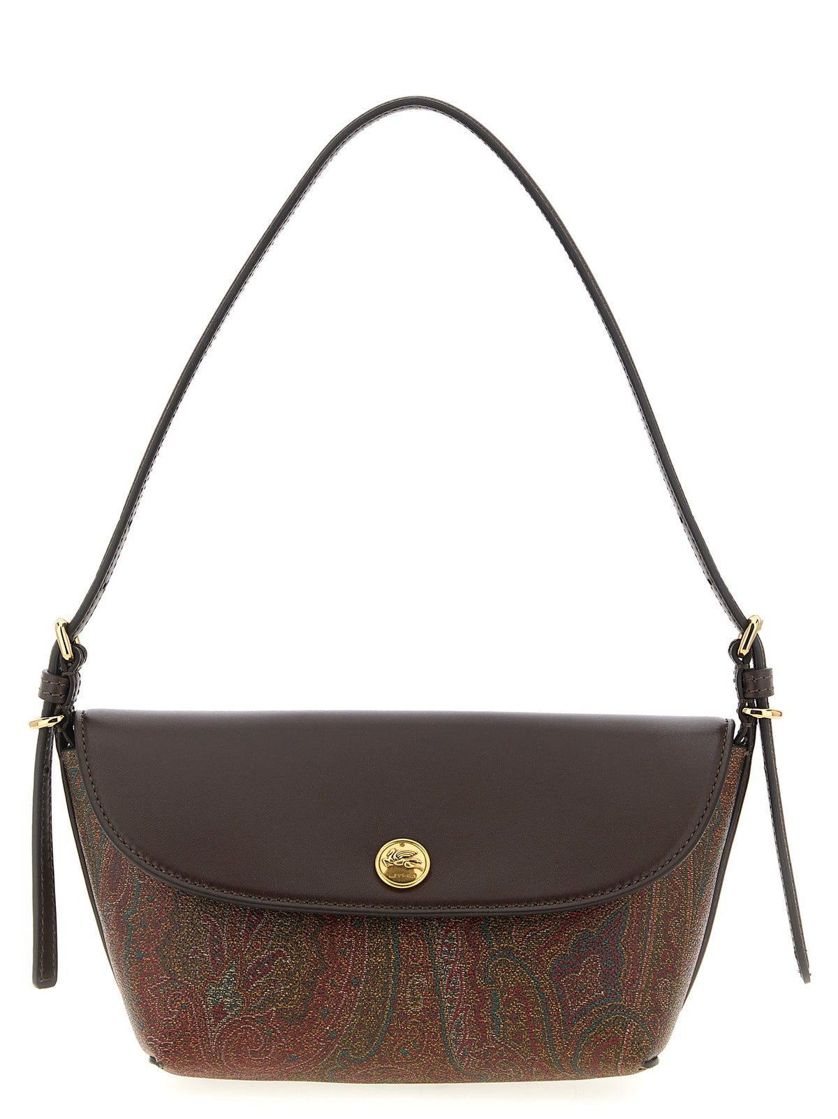 Etro Arnica Small Boat Bag in brown Paisley jacquard fabric with calfskin flap and gold Pegaso logo detail.