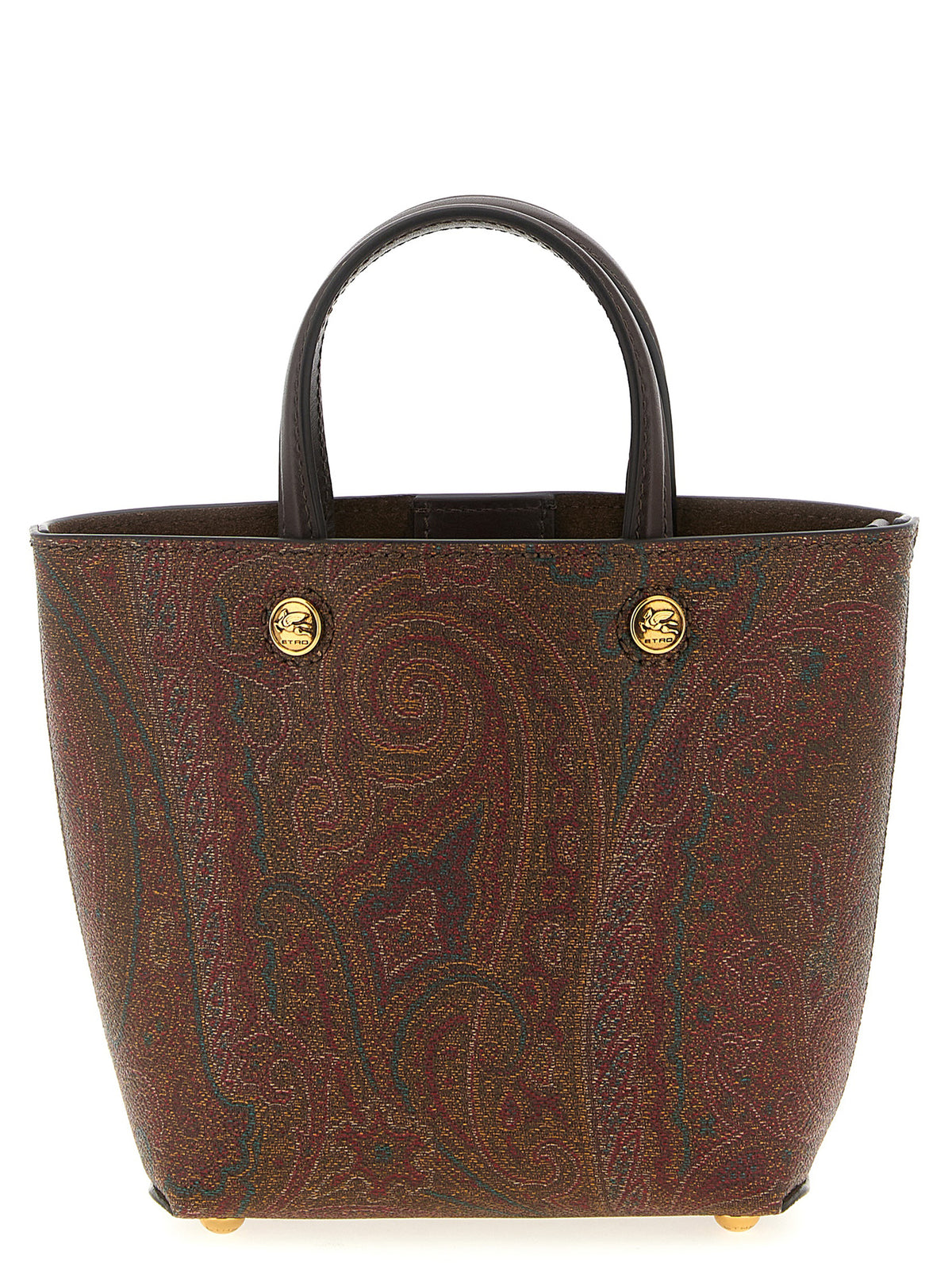 Etro Essential Arnica Mini Bag in brown Paisley jacquard fabric with calfskin handles and gold metal feet.
