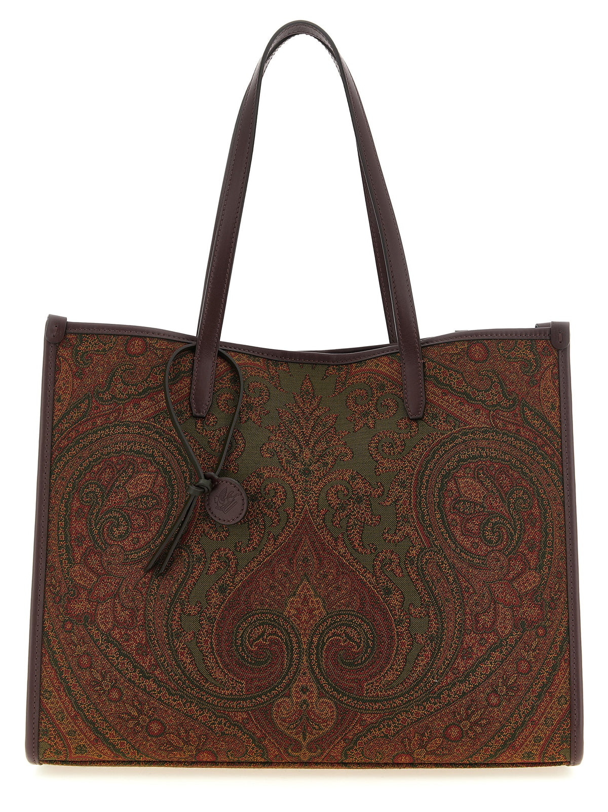 Etro Love Trotter Large Tote Bag in green Paisley jacquard with calfskin handles and Pegaso leather tag.