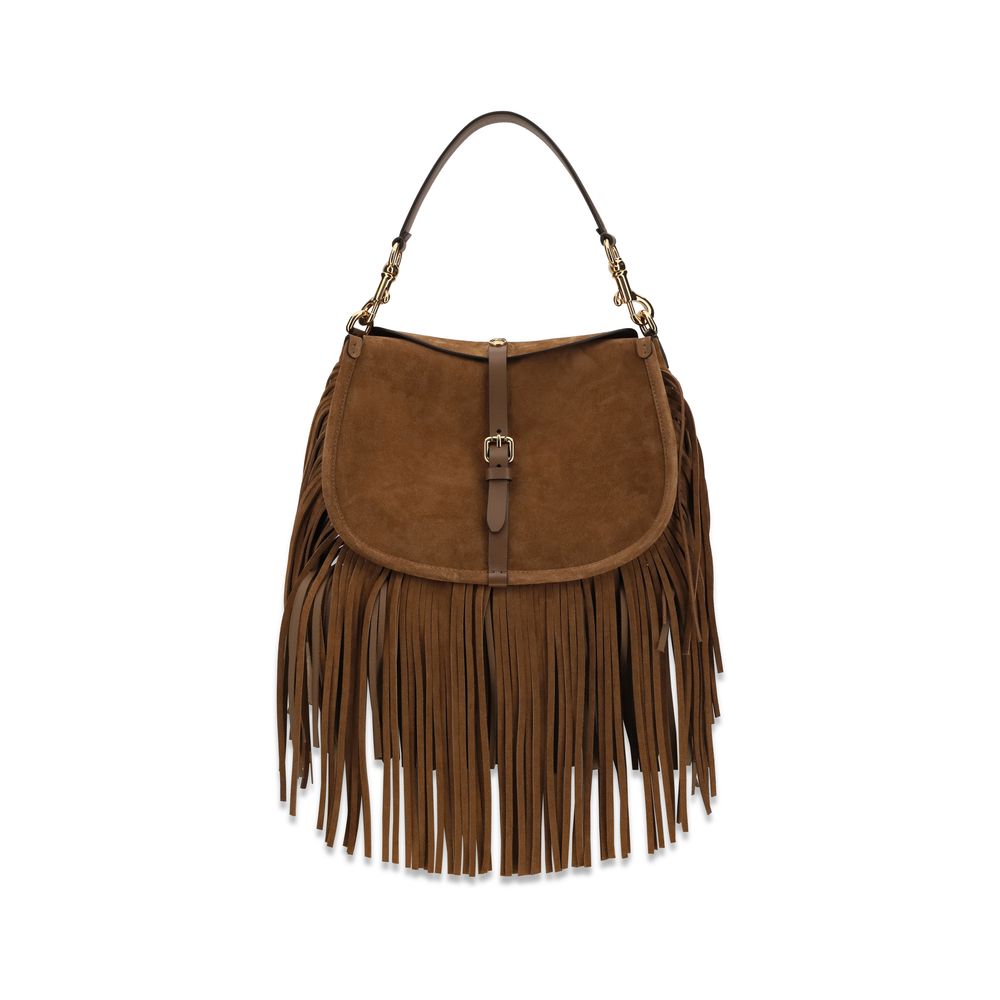 Etro Medium Pony Bag in camel suede featuring long side fringes and gold Pegaso coin closure—available at The Exclusive Line Singapore.