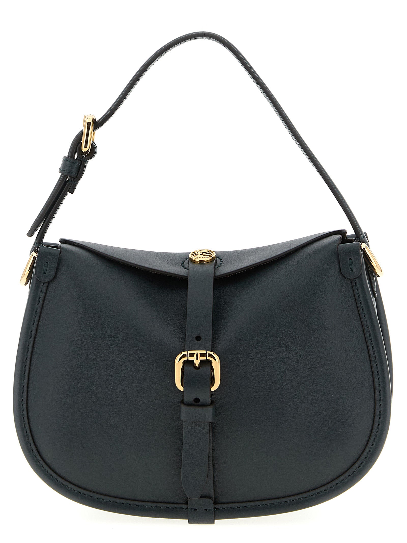Etro Small Pony Bag in dark green calfskin leather with gold Pegaso coin hardware, top handle, and detachable strap from The Exclusive Line Singapore.