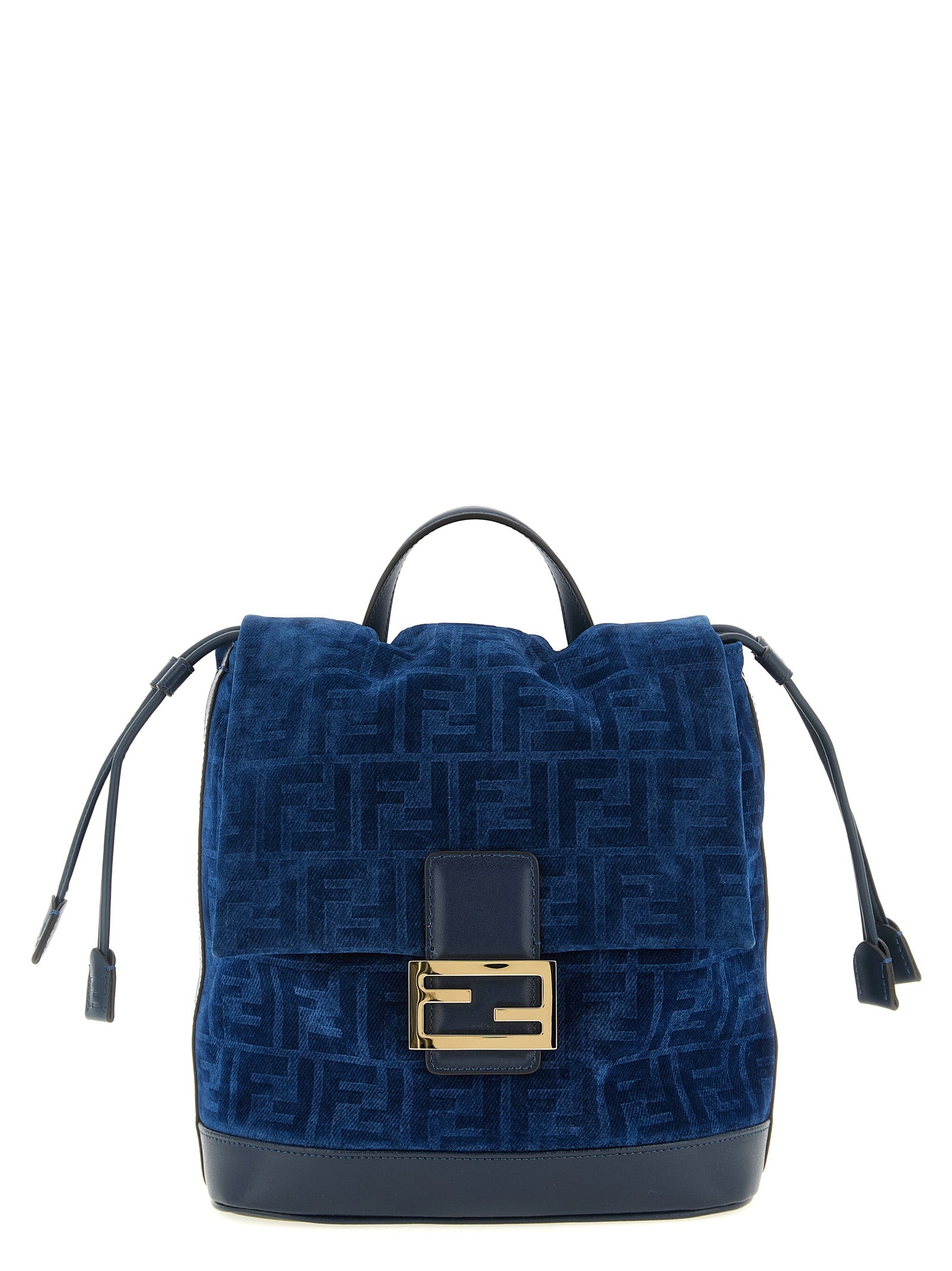 Fendi backpack in blue flocked FF denim and dark blue calfskin with a gold FF clasp front flap from The Exclusive Line Singapore.