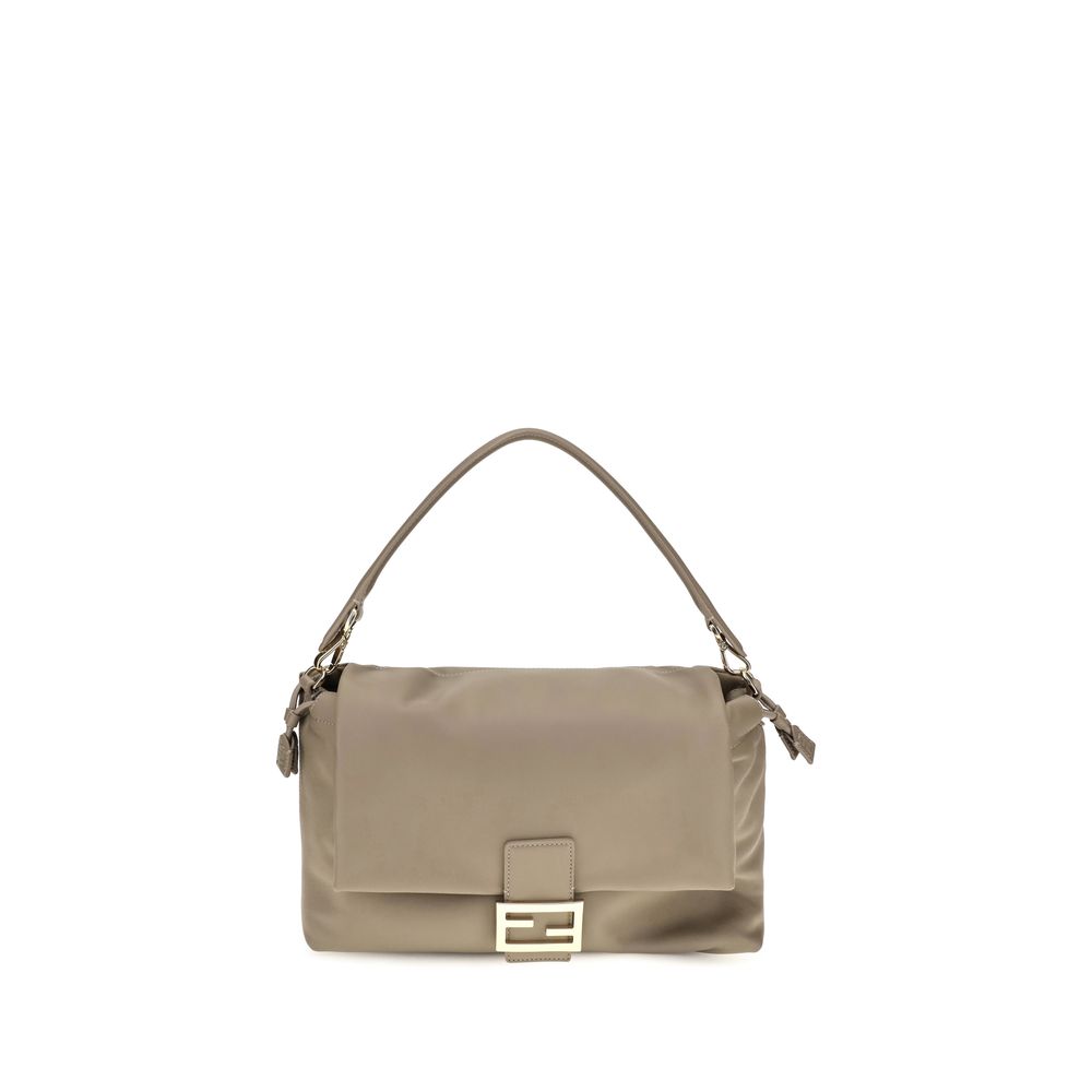 Fendi Baguette Soft Large shoulder bag in dove grey nappa leather with gold FF buckle.