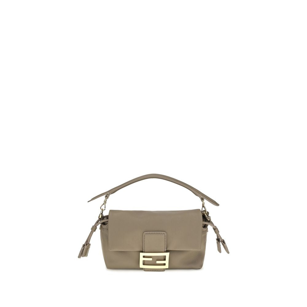 Fendi Baguette Soft Small shoulder bag in dove grey nappa leather with gold FF buckle.