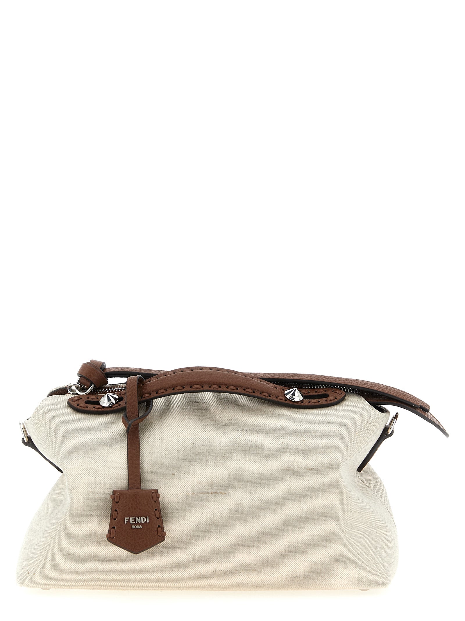 Fendi By The Way Soft Medium handbag in beige canvas and hammered leather with knotted shoulder strap from The Exclusive Line Singapore.