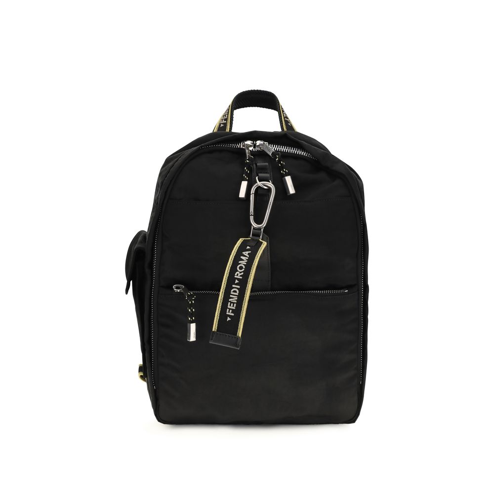 Fendi Climb backpack in black 3D patchwork technical nylon with black calfskin leather straps.