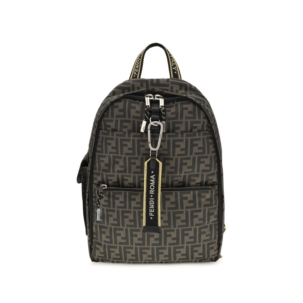 Fendi Climb backpack in brown Superlight FF Zucca technical fabric with black calfskin straps.