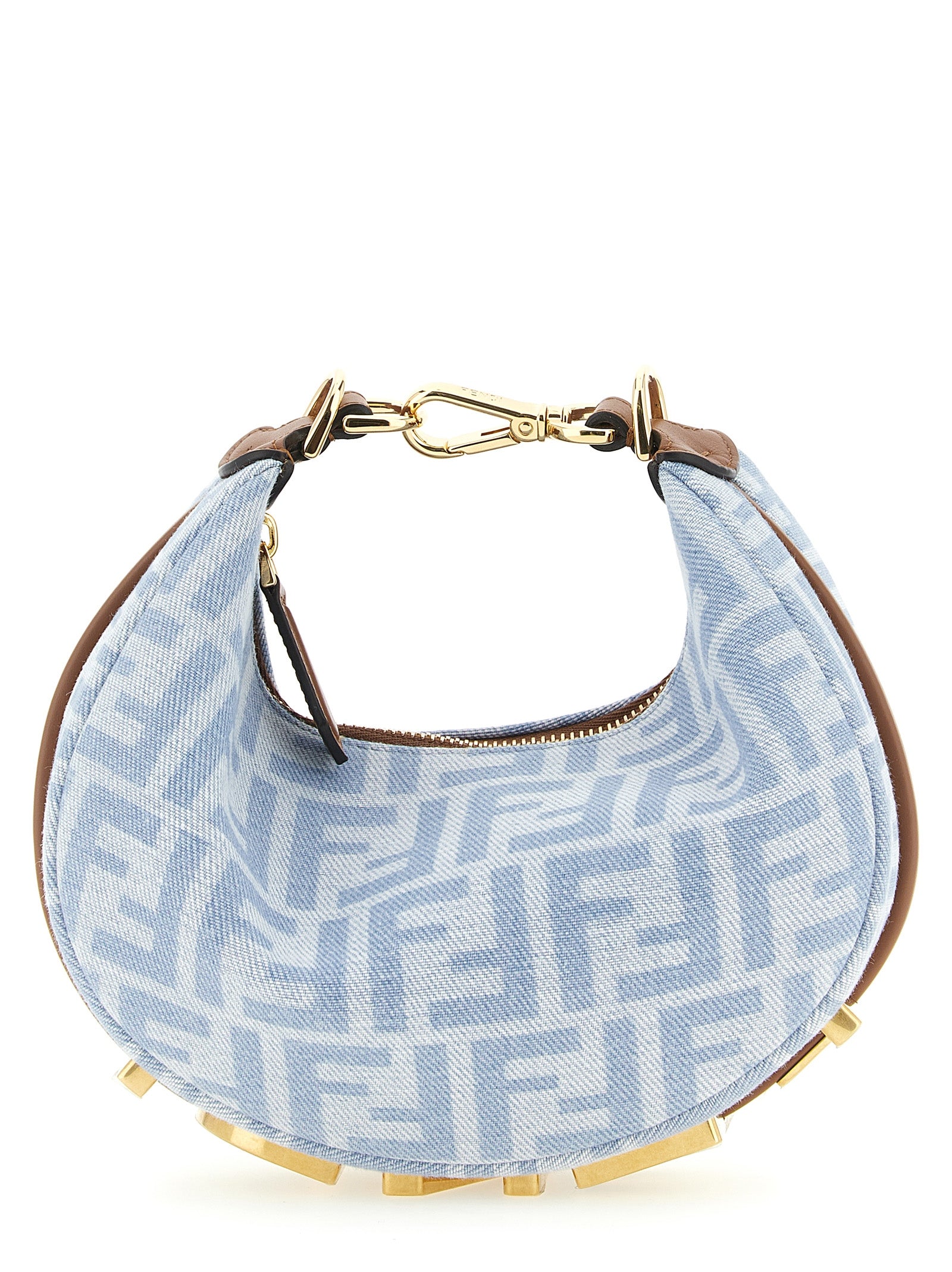 Fendi Fendigraphy Mini hobo bag in light blue FF jacquard fabric with gold metal FENDI lettering.