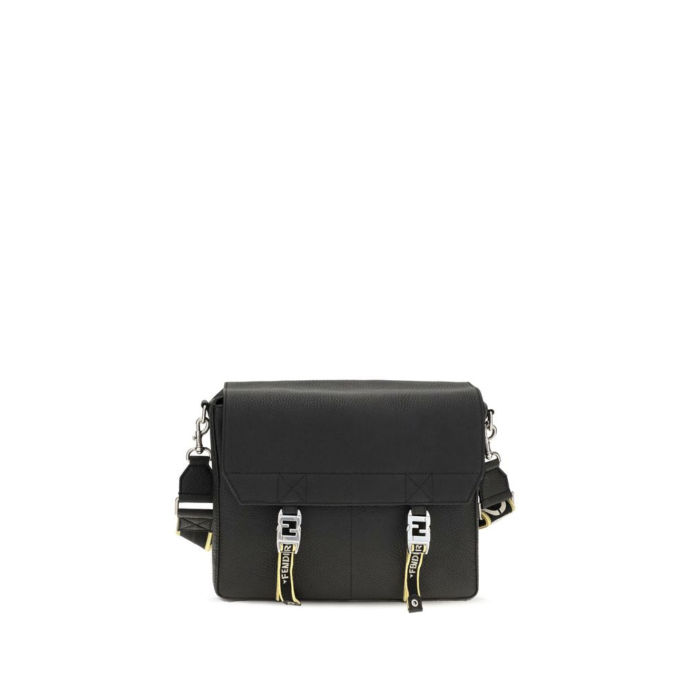 Fendi Flow Medium messenger bag in black Cuoio Romano leather with webbed crossbody strap.
