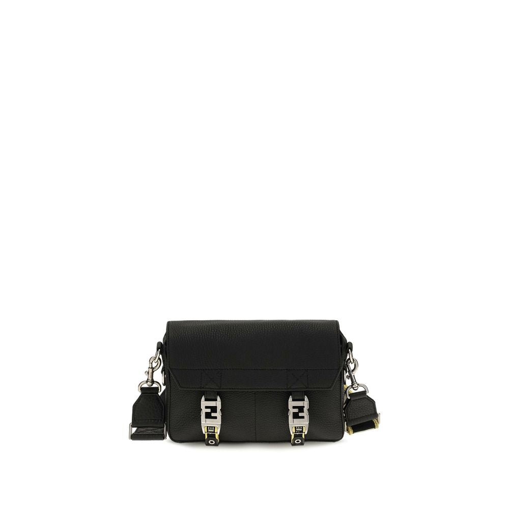 Fendi Flow Small messenger bag in black Cuoio Romano leather with webbed crossbody strap.