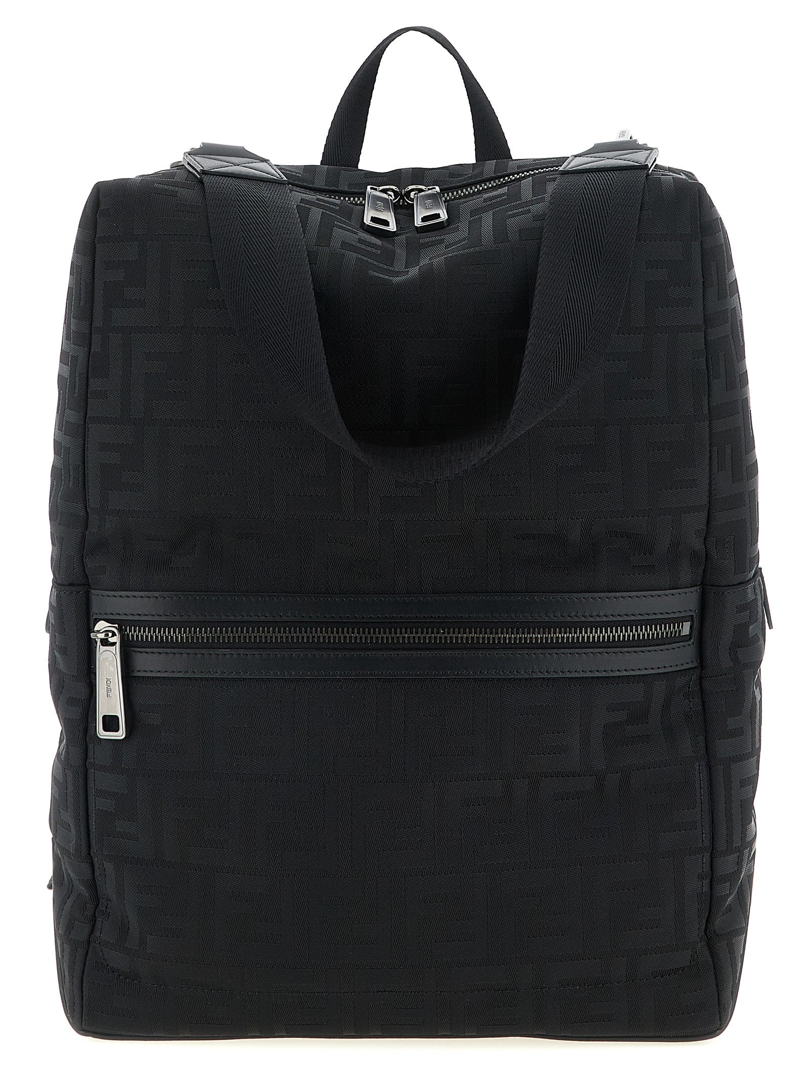 Fendi Lui backpack in black padded FF nylon and calf leather with corner FF logo hardware and a 13-inch laptop compartment from The Exclusive Line Singapore.