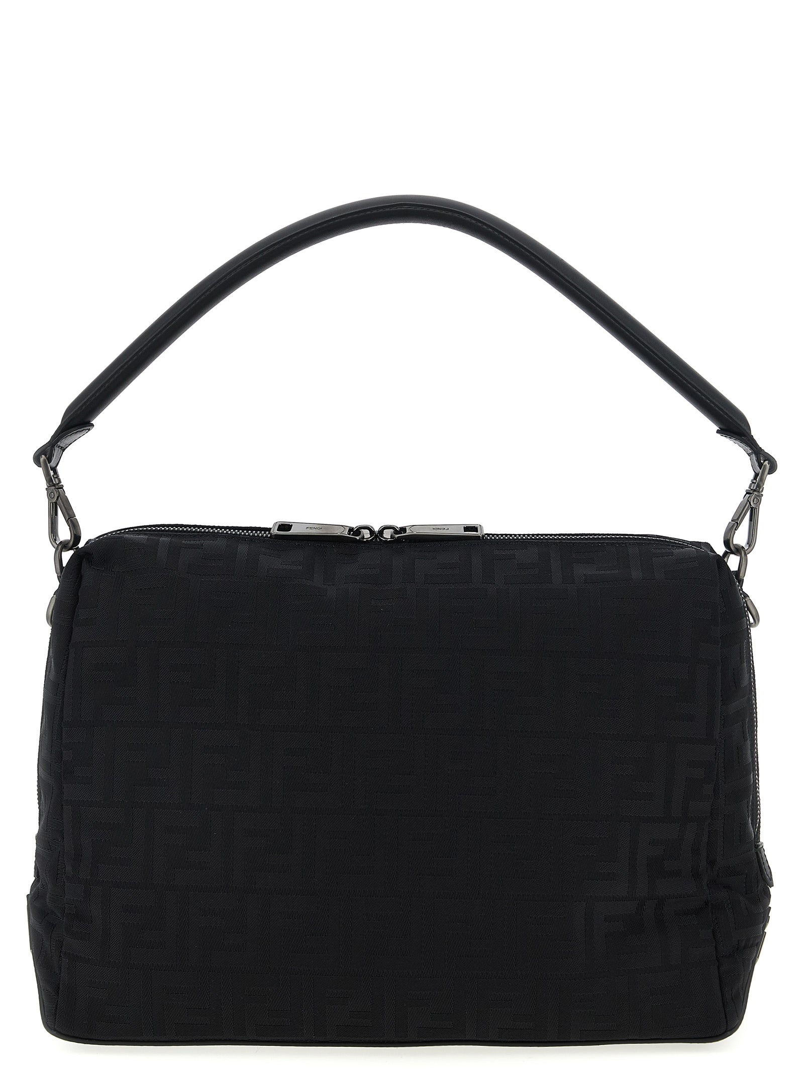 Fendi Lui Large bag in black padded FF nylon and calf leather, holding a 13-inch laptop, with ruthenium corner accents from The Exclusive Line Singapore.