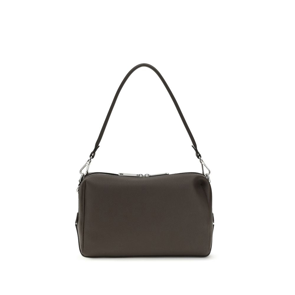 Fendi Medium Lui bag in chocolate brown full-grain calf leather featuring dual-slider zip closure, palladium FF corner appliqués, and detachable shoulder strap.