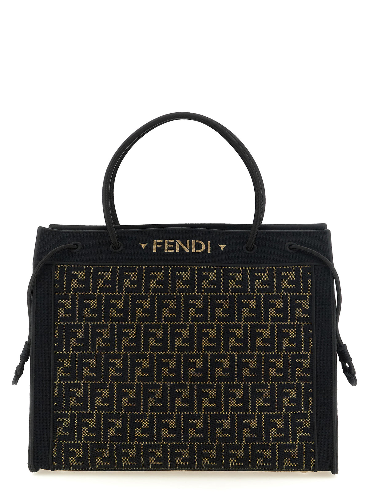 Fendi Magic Shopper Large bag in brown FF embroidered fabric with beige stencil logo and cord handles.