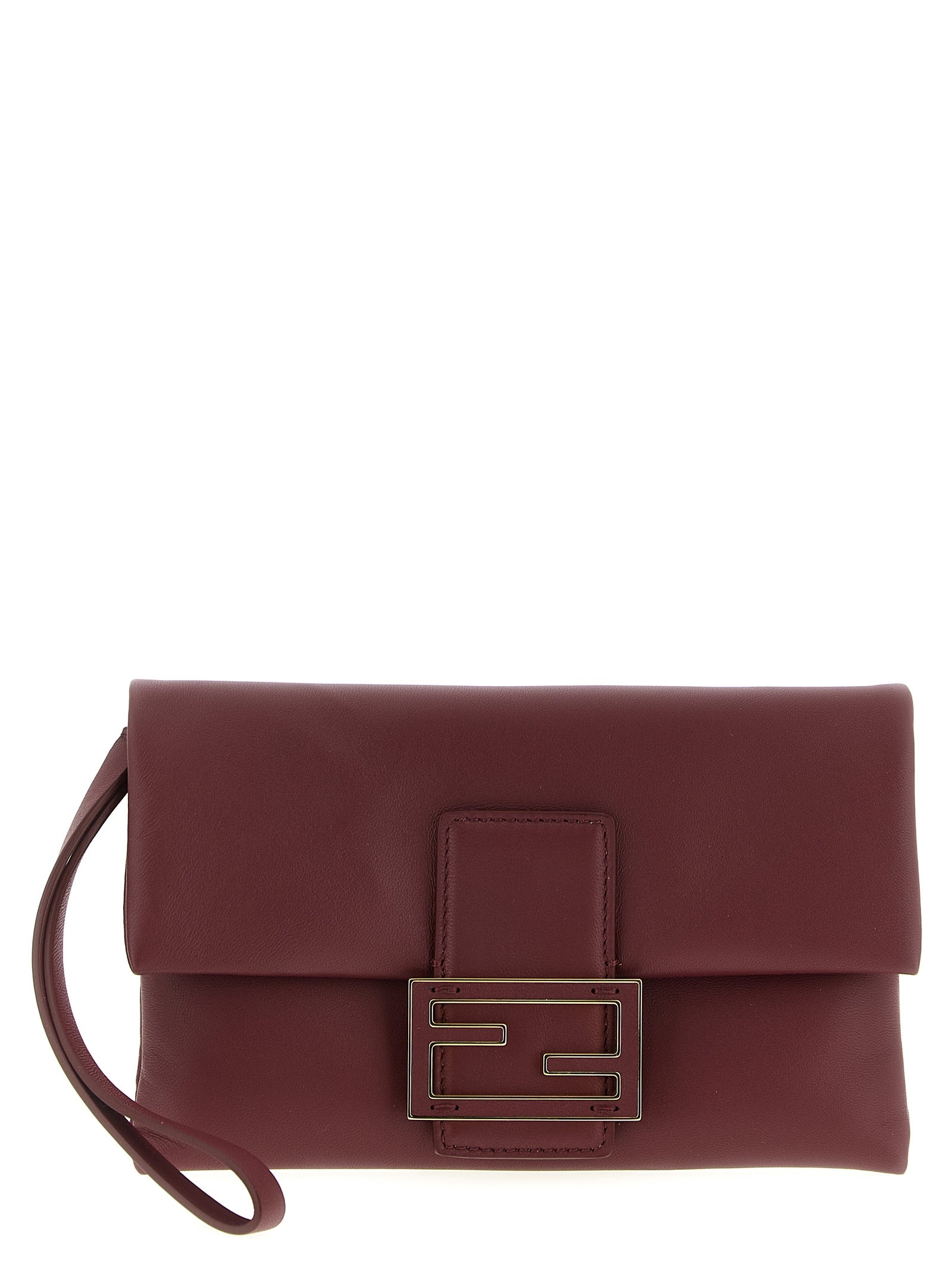 Fendi Mamma Baguette pouch in burgundy nappa leather with a gold and leather FF clasp and chain shoulder strap from The Exclusive Line Singapore.
