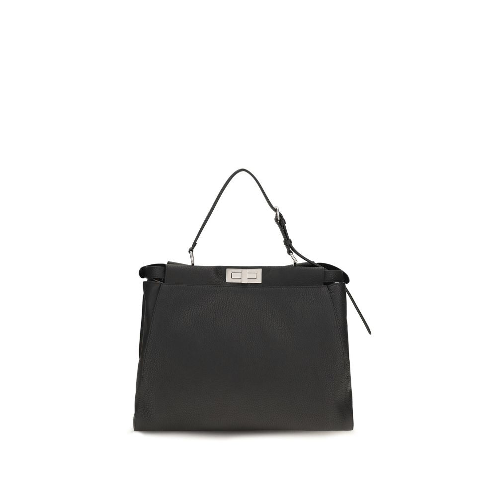 Fendi My Peekaboo Large bag in black Cuoio Romano leather with brown FF split-leather lining and palladium twist lock.