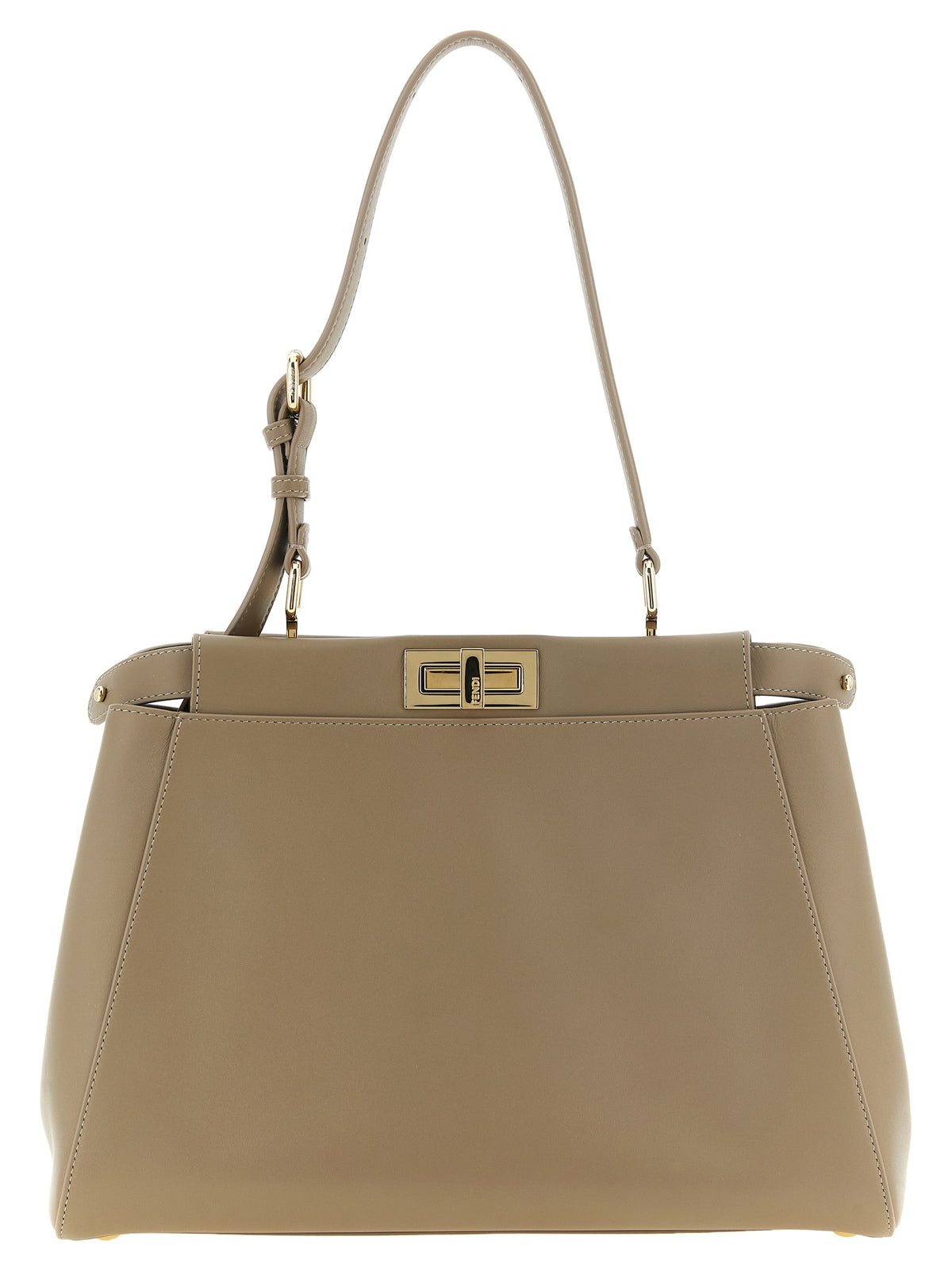 Fendi My Peekaboo Medium top handle and shoulder bag in smooth dove grey calfskin leather with gold-finish twist lock hardware.