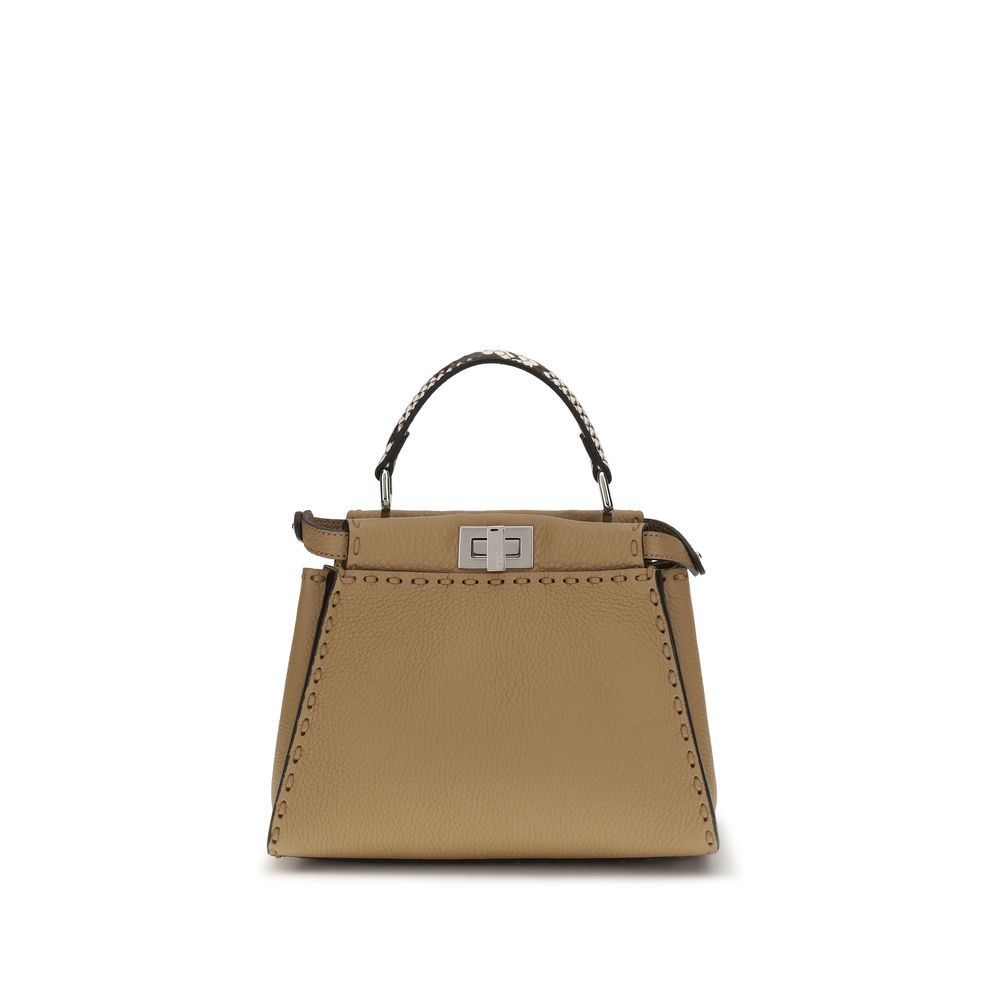 Fendi Peekaboo Mini bag in cappuccino brown Cuoio Romano leather with hand-sewn Selleria macro topstitches and silver-finish palladium twist lock.