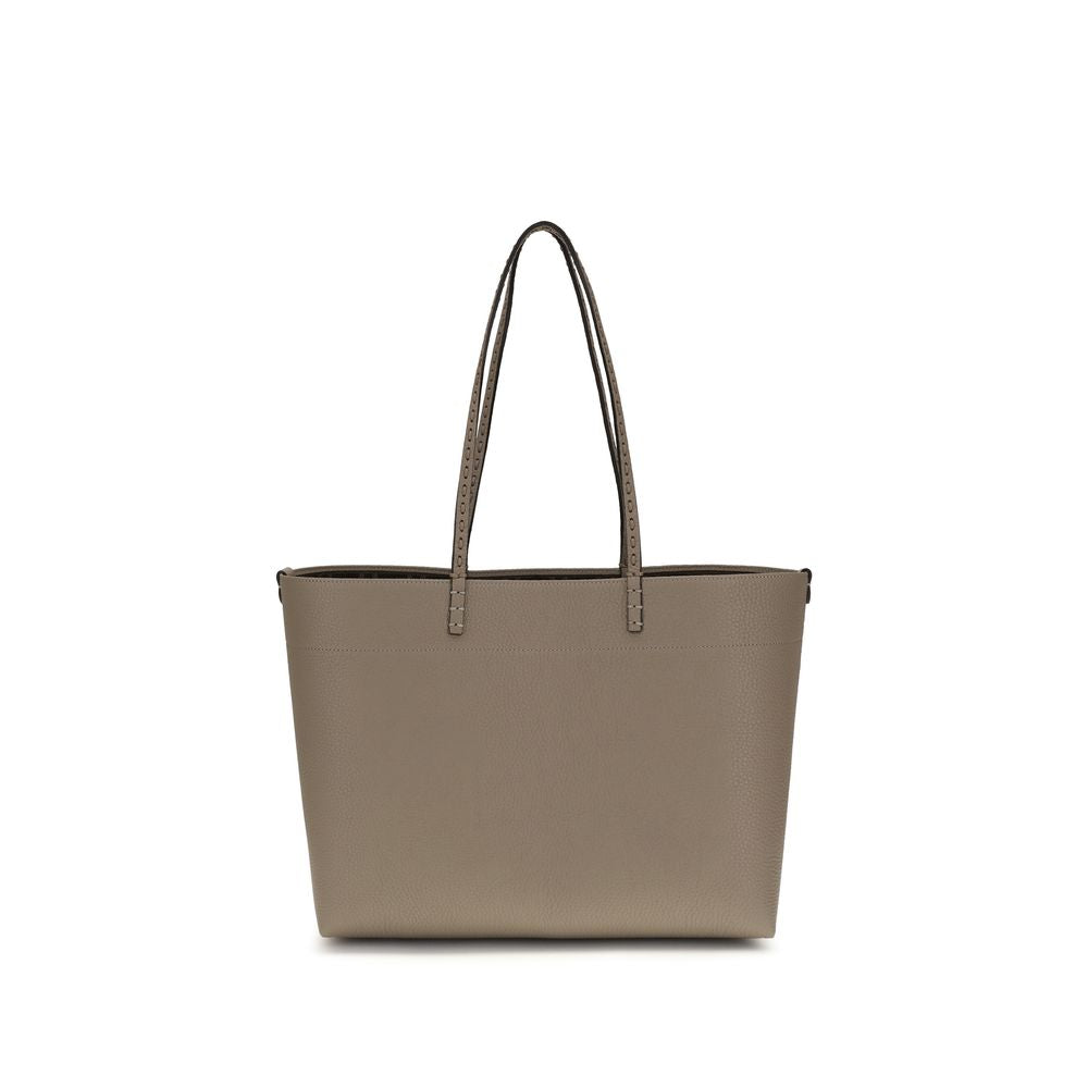 Fendi Roll Medium shopping tote bag in dove grey Cuoio Romano Selleria leather with hand-stitched handles.