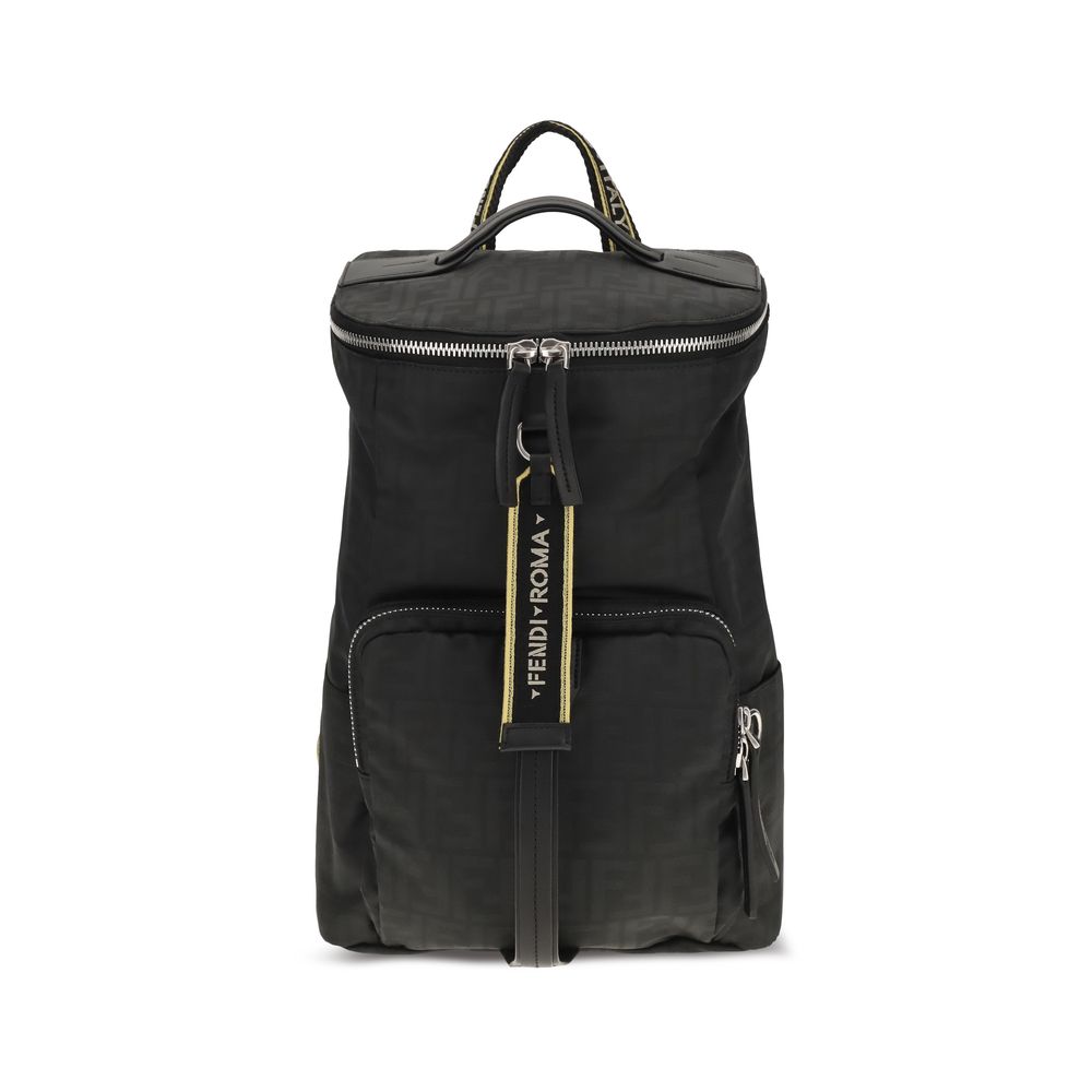 Fendi Tourist backpack in black Superlight FF Zucca technical fabric with black leather straps.