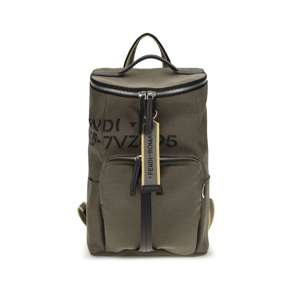 Fendi Tourist backpack in khaki green coated canvas with Fendi Stencil 1925 print and black leather straps.
