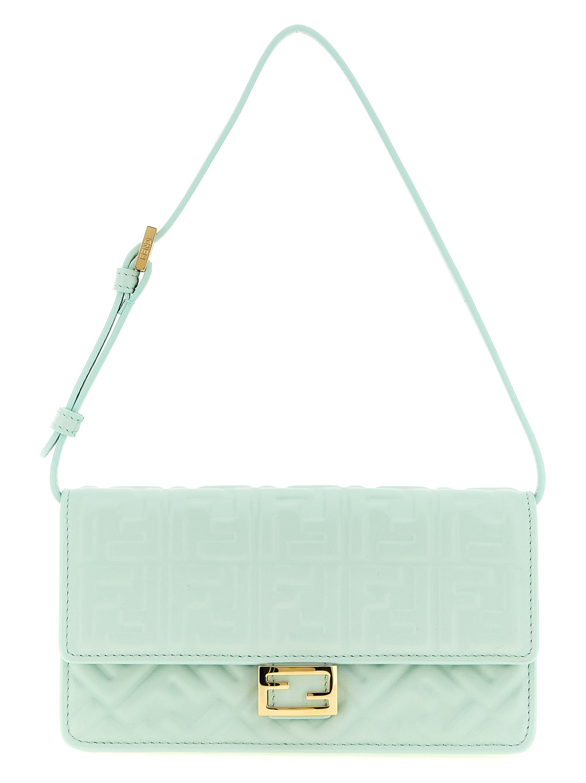 Fendi Tube Wallet on Chain in light green embossed FF motif nappa leather with gold FF clasp and fine chain strap.