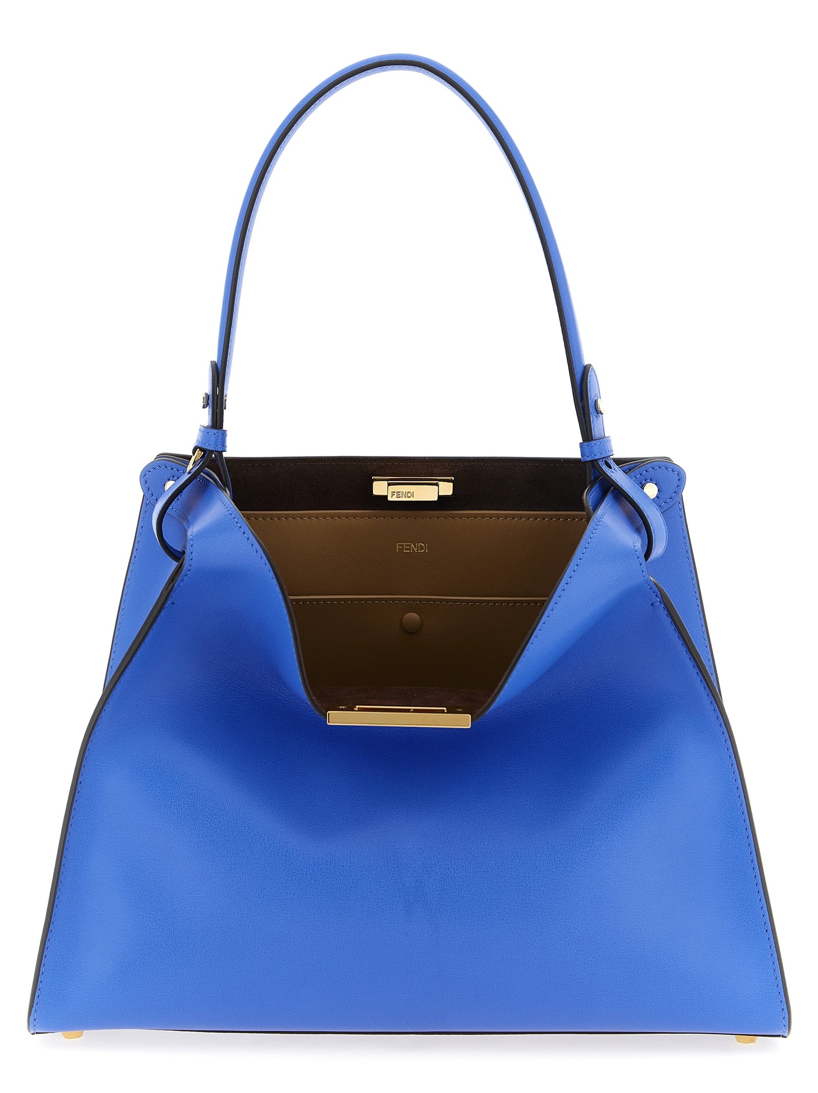 Fendi Way Medium shoulder bag in coastal sky blue leather with gold twist lock.