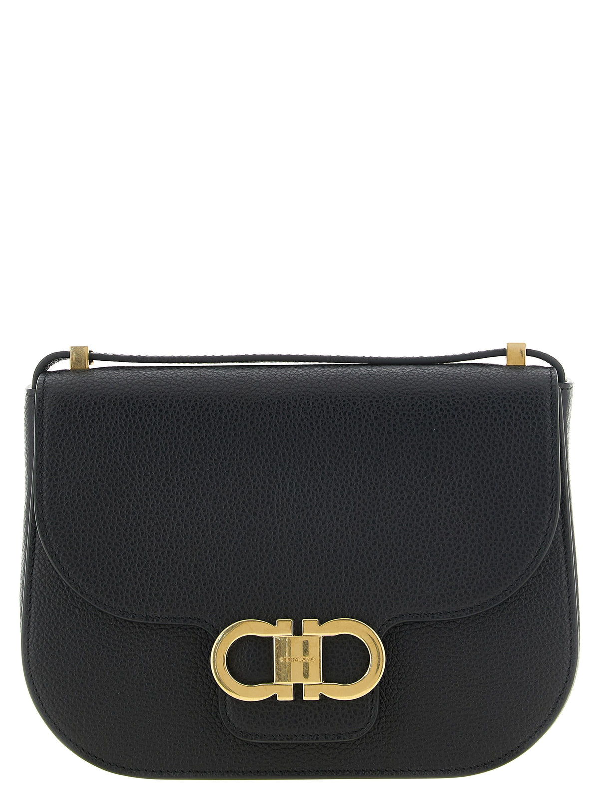 Ferragamo Double Gancini North-South crossbody bag in black hammered calfskin with gold hardware clasp.