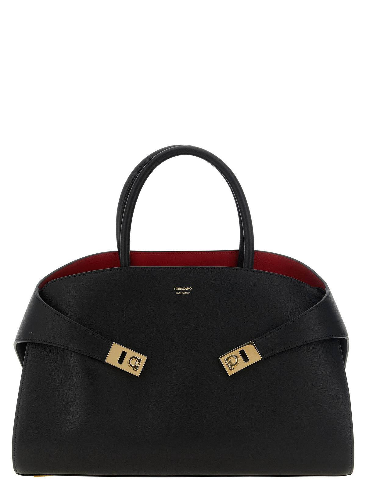 Ferragamo Hug Large bicolor handbag in black and flame red natural-grain calfskin with gold Gancini buckles.