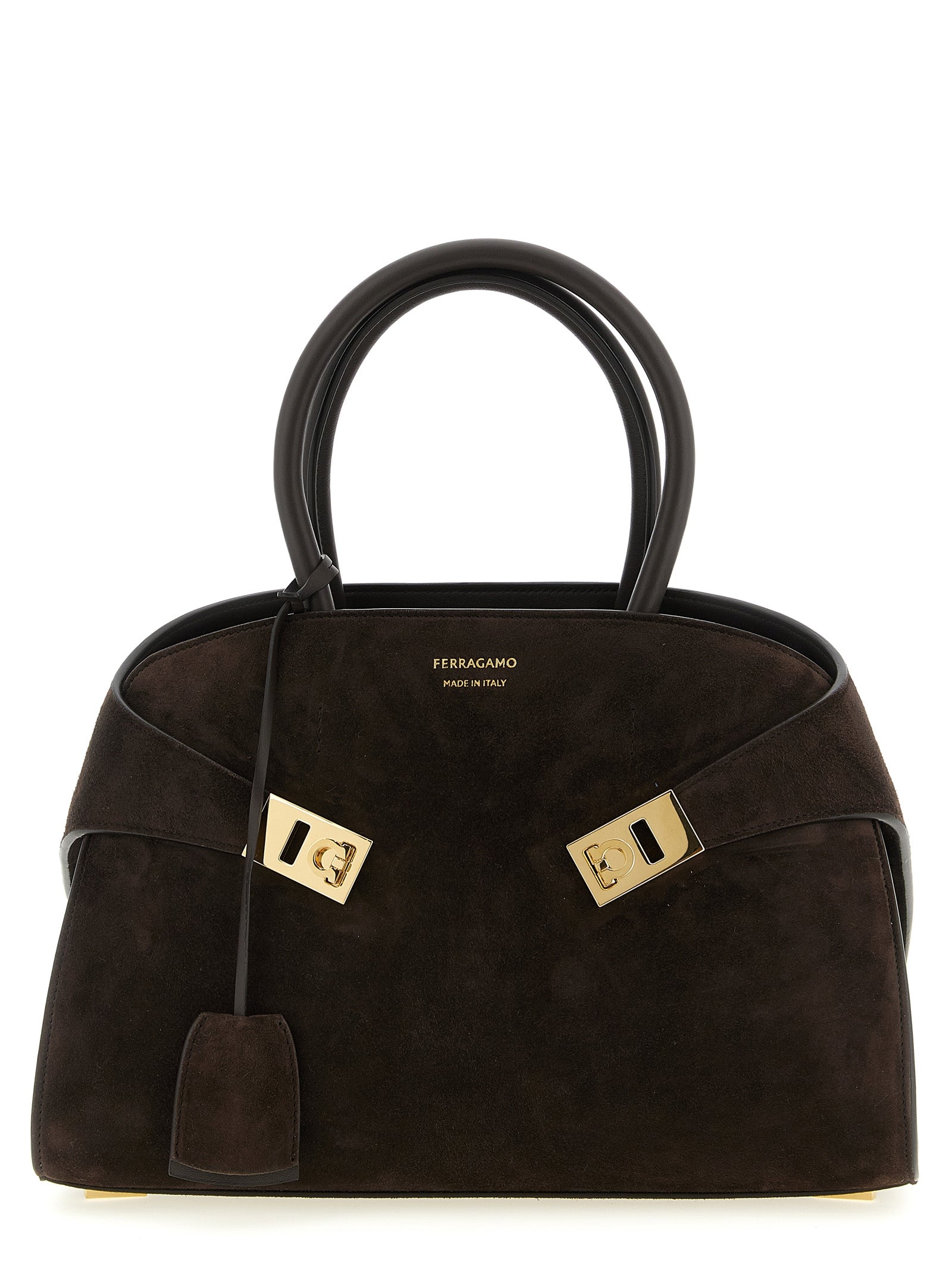 Ferragamo Hug Handbag in Testa di Moro dark brown calfskin suede with gold Gancio buckles at The Exclusive Line Singapore.