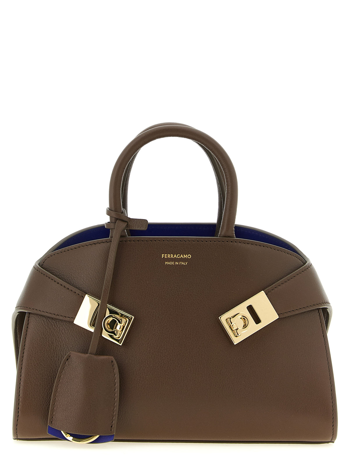 Ferragamo Hug X-Small bicolor handbag in Clay and Lapis Lazuli grained calfskin leather with gold Gancio buckles.