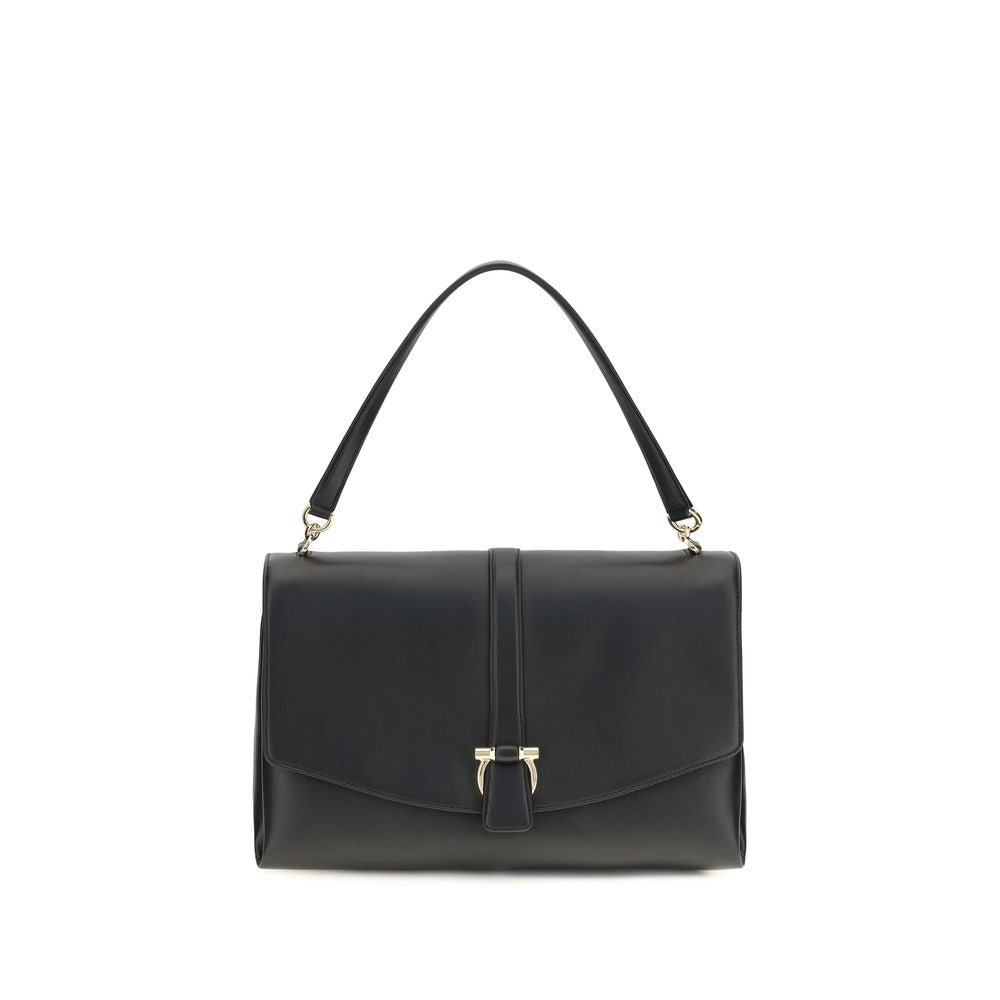 Ferragamo Mia Large Shoulder Bag in black calfskin leather with deep front flap and gold slip-through Gancini hardware closure from The Exclusive Line Singapore.