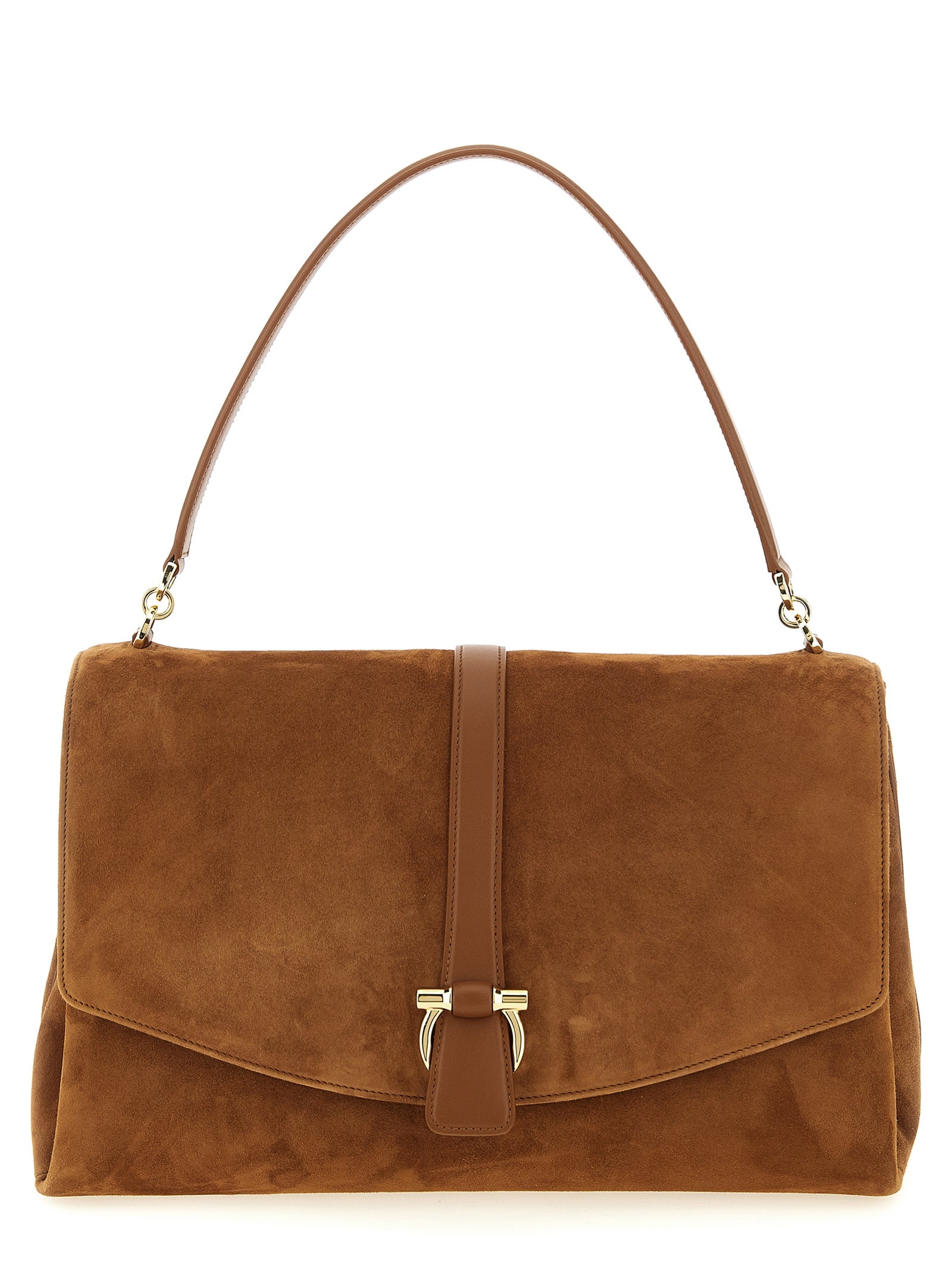 Ferragamo Mia Small Shoulder Bag in Natural Brown calfskin suede with golden Gancio front flap buckle at The Exclusive Line Singapore.