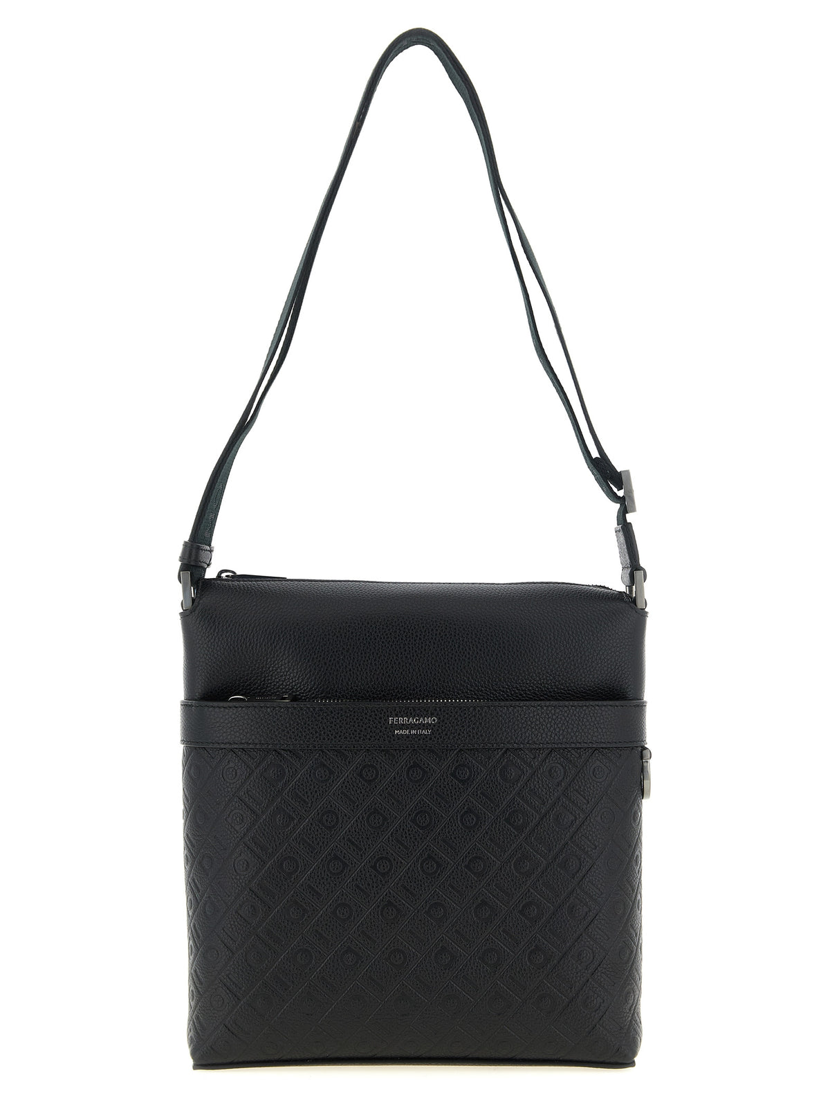 Ferragamo Monogram messenger bag in black hammered calfskin leather with adjustable crossbody strap.