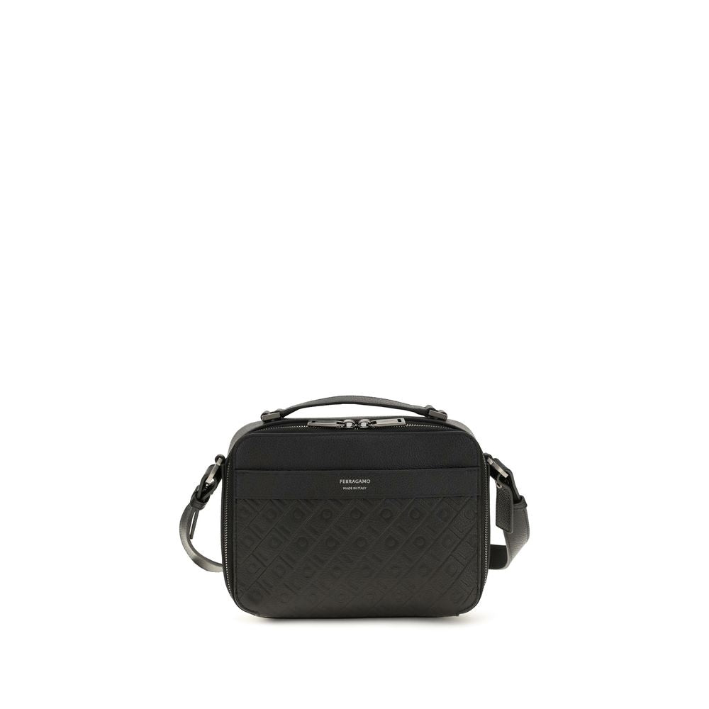 Ferragamo Monogram Shoulder Bag in Black Embossed Hammered Calfskin