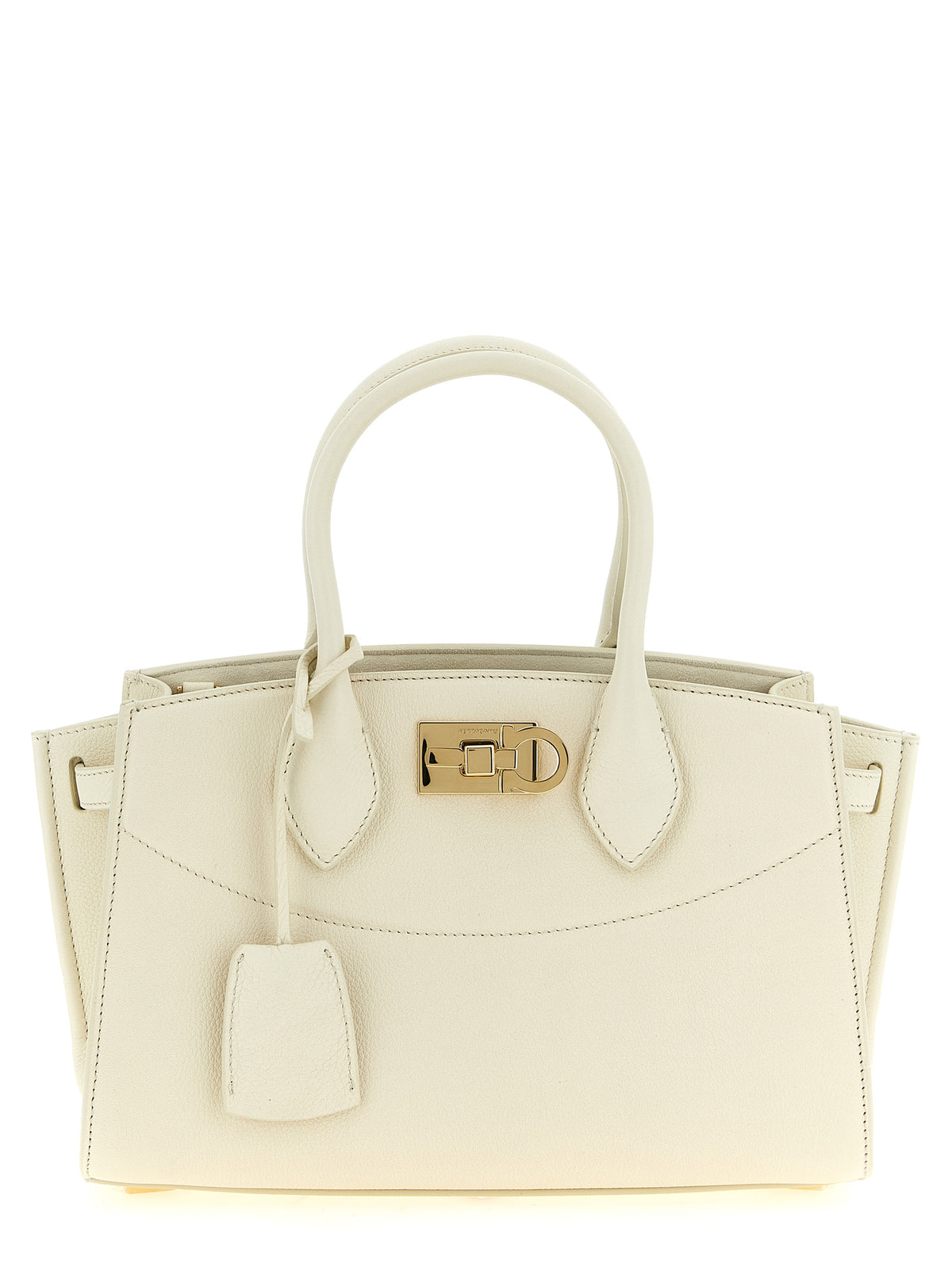 Ferragamo New Studio Medium Soft bag in mascarpone hammered calfskin leather with gold Gancio slider clasp.