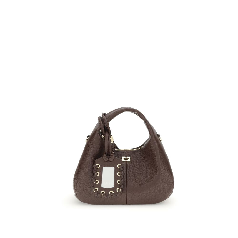 GANNI Mini Hobo Bag in Chicory Coffee dark brown grained fabric featuring mirror hangtag and gold-tone Butterfly logo.