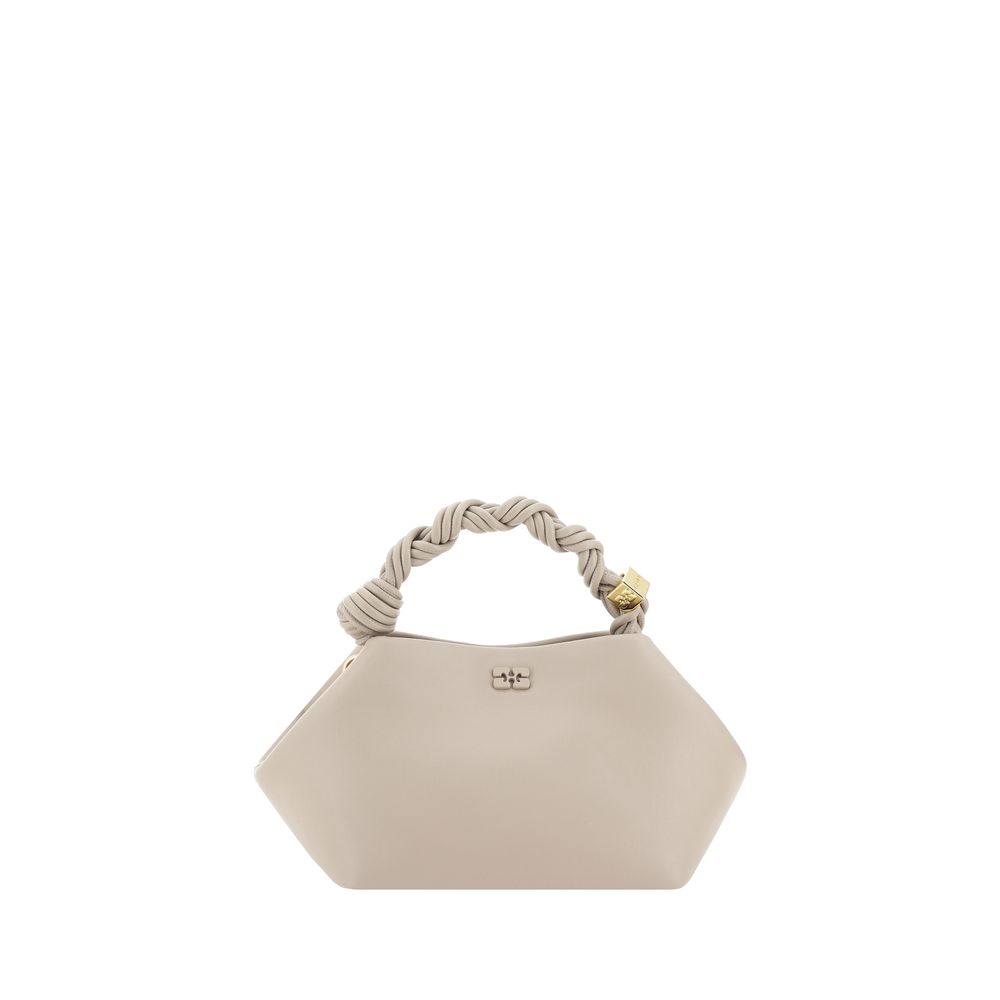 GANNI Small Bou Bag in Light Grey recycled leather with twisted top handle and gold-tone metallic Butterfly logo dice.