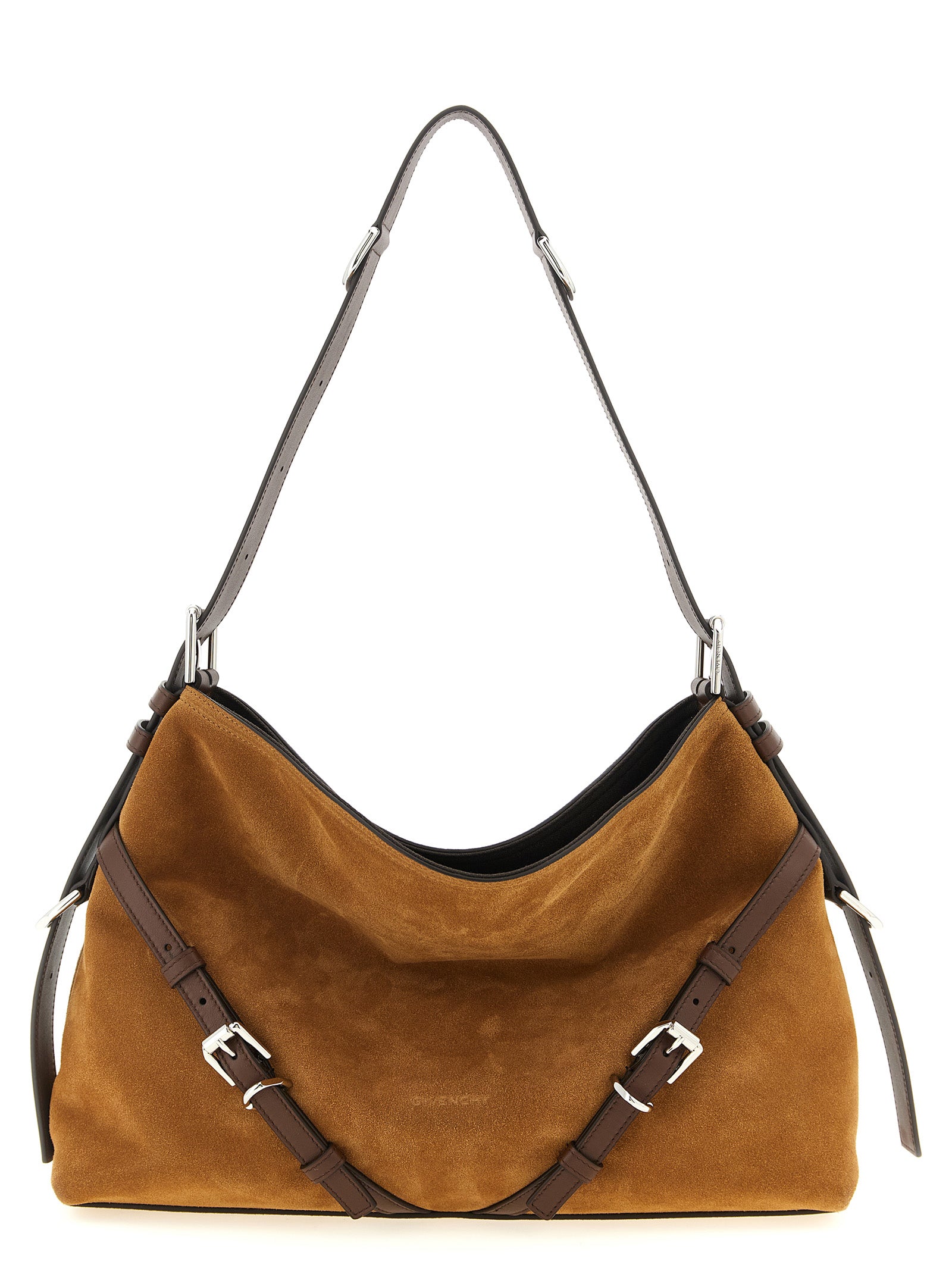 Givenchy Medium Voyou shoulder bag in slouchy brown suede with contrasting leather details, silver-finish engraved buckles, and embossed logo.