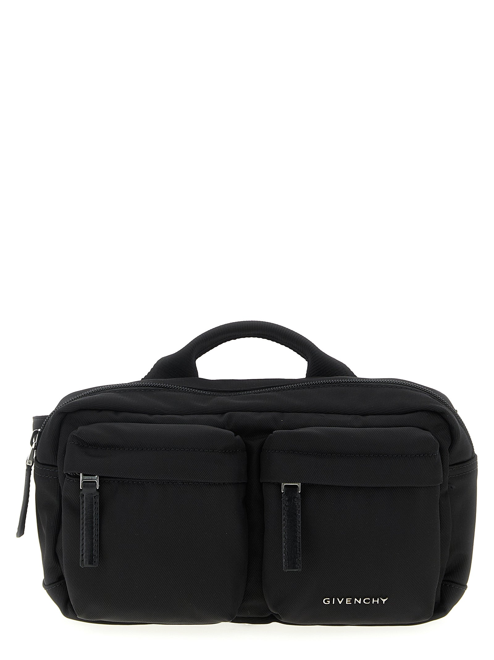 Givenchy Men's Essential U Belt Bag in black nylon canvas featuring silver-finish metal signature on the front, worn as a crossbody or waist bag.