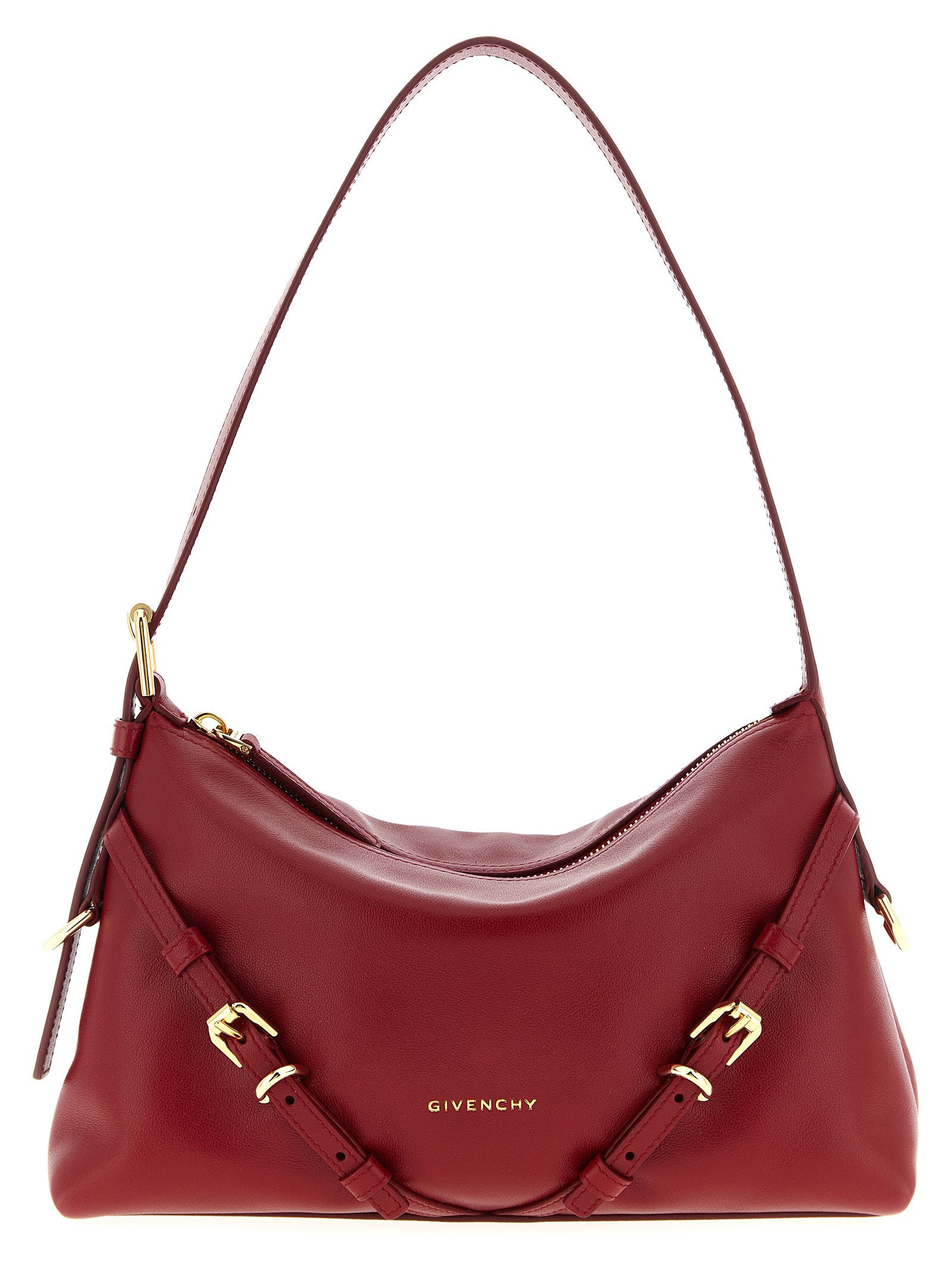 Givenchy Mini Voyou shoulder bag in smooth, shiny dark red calfskin leather featuring gold-finish engraved buckles and embossed front logo.