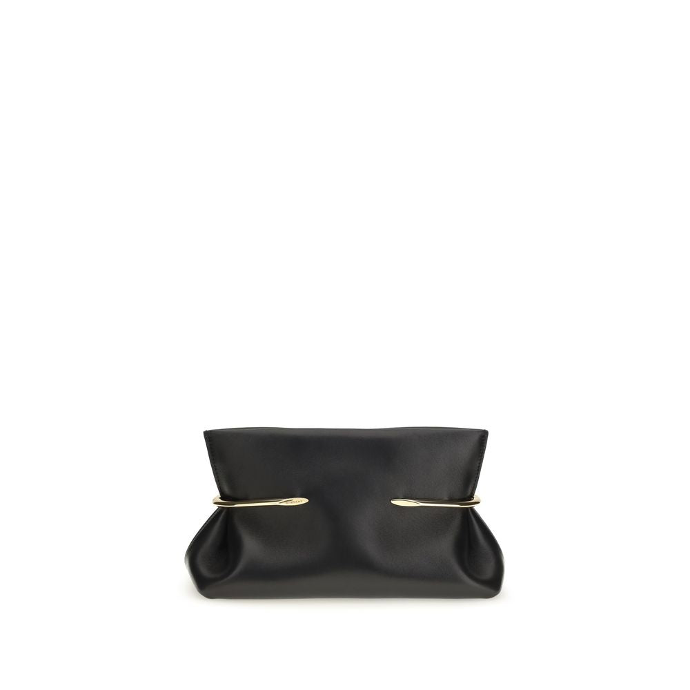 Givenchy Pinch Soft Clutch in black nappa leather with gold-finish metal hardware and removable shoulder strap.